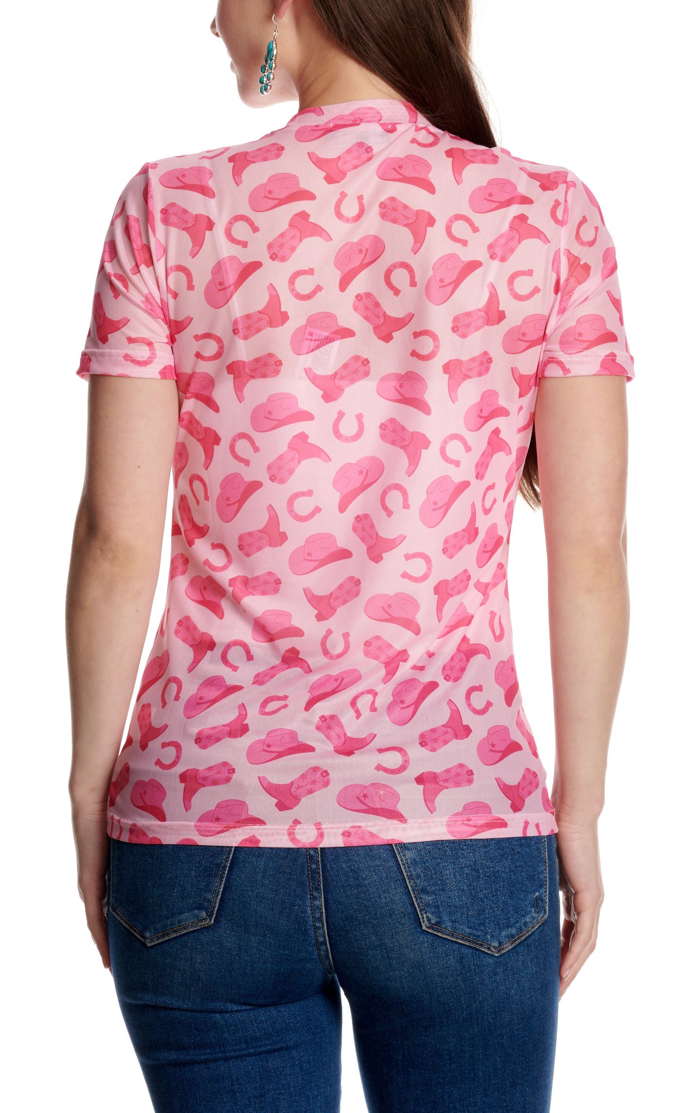 Merigold Kiss Women's Pink Western Hat & Boot Print Mesh Top - Image 1