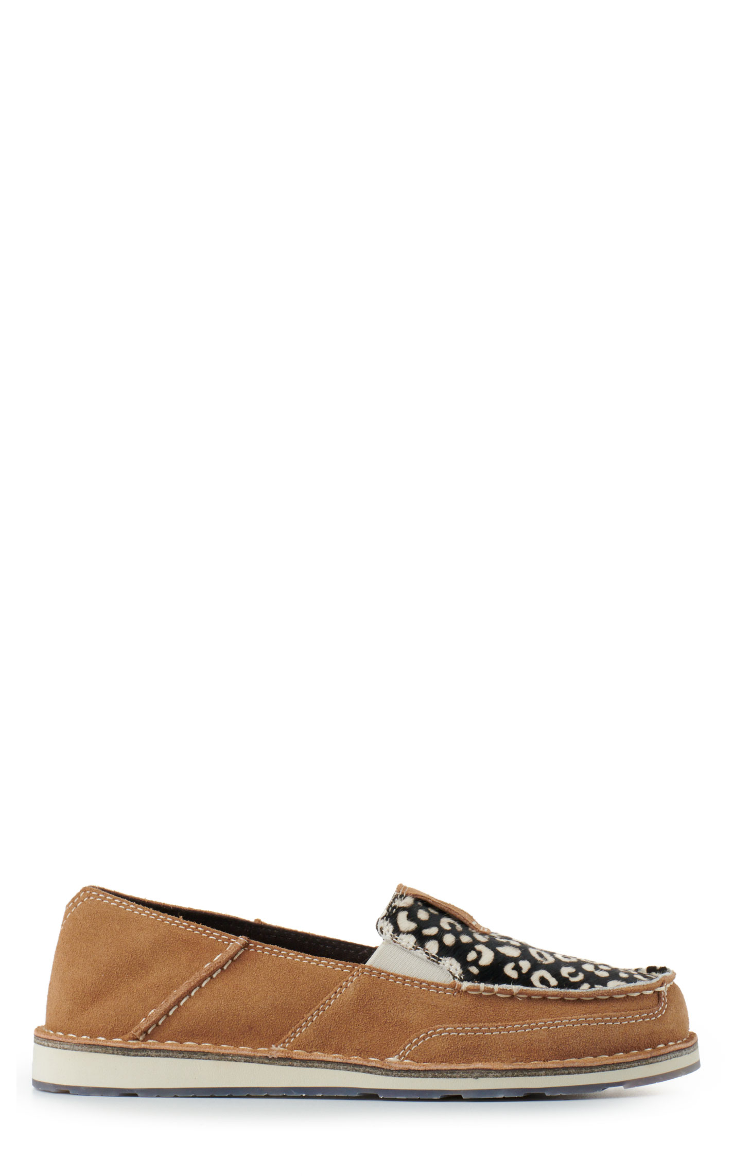 Ariat Ladies Cruiser Dark Tan Suede and Cheetah Print Hair Moc Toe Casual Shoes - Image 1