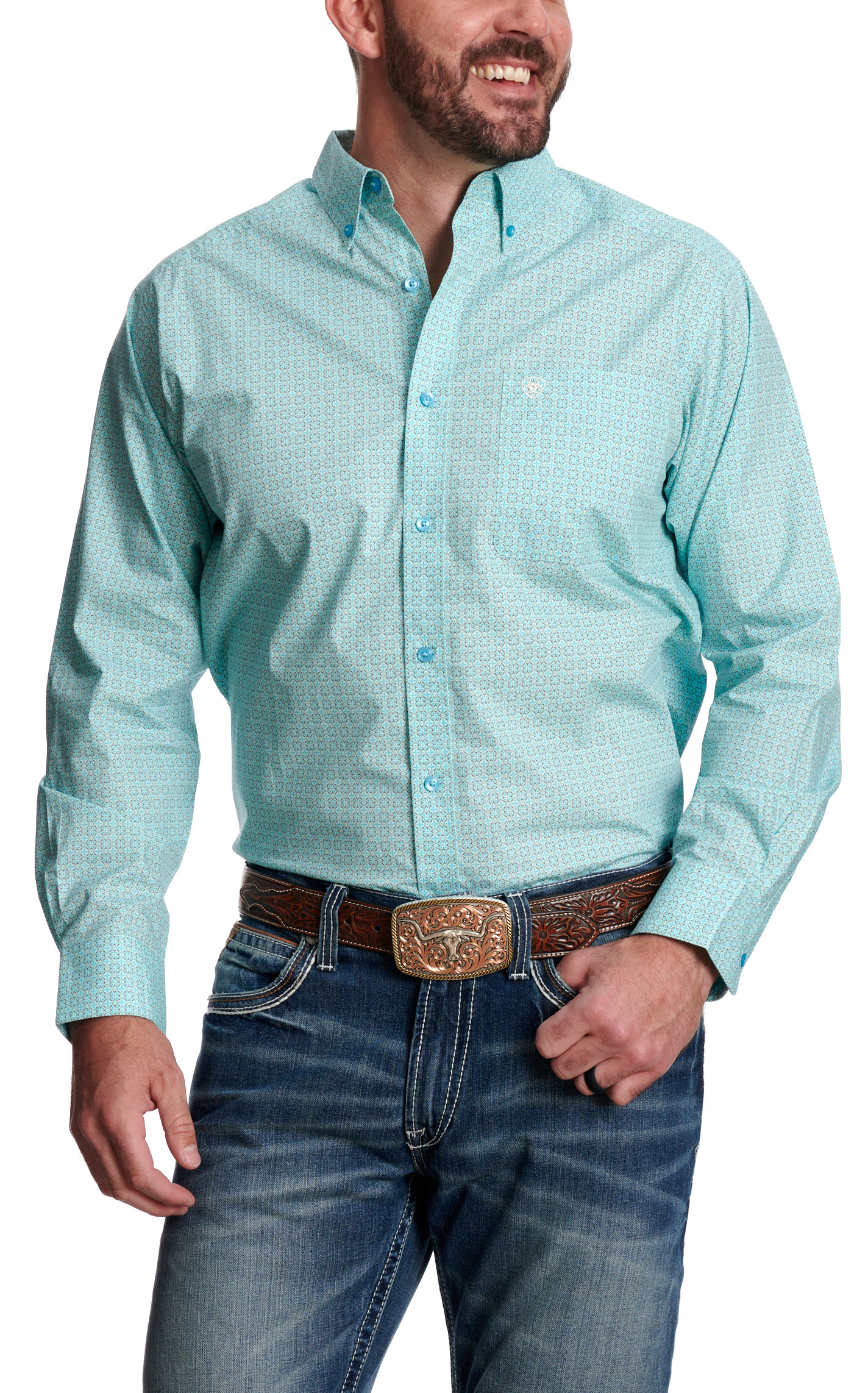 Ariat Men's Kenny Turquoise & Chocolate Geo Print Western Shirt - Image 1