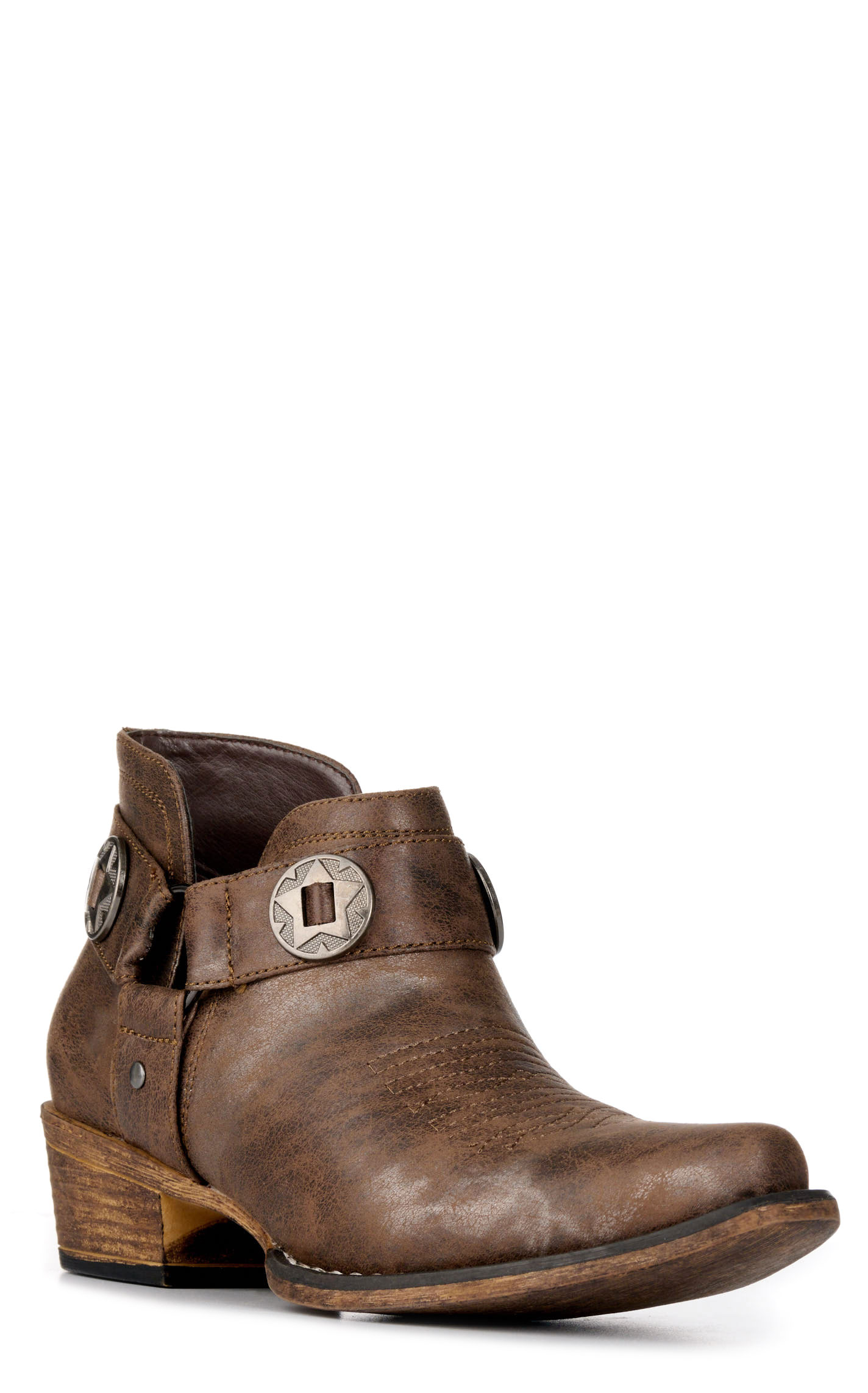 Roper Women's Ava Vintage Brown with Harness Faux Leather Snip Toe Booties - Image 1
