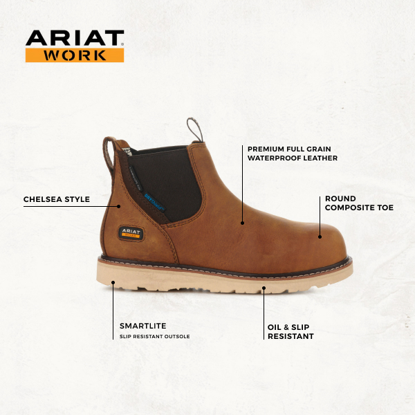 Ariat Women's Rebar Wedge Antique Brown Waterproof Round Composite Toe Chelsea Work Boot - Image 1