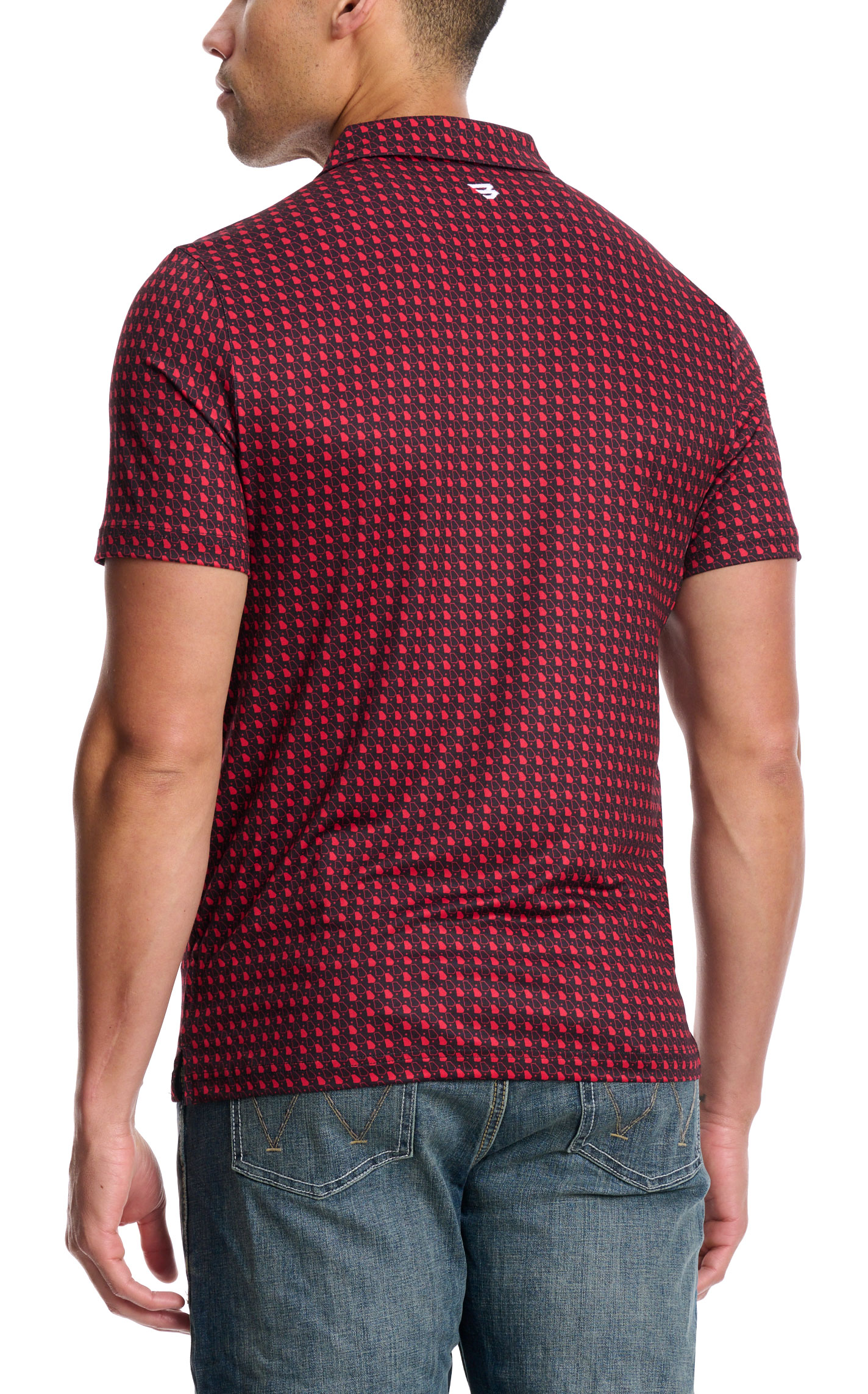 BURLEBO Men's Red & Black Geo Print Performance Polo - Image 1