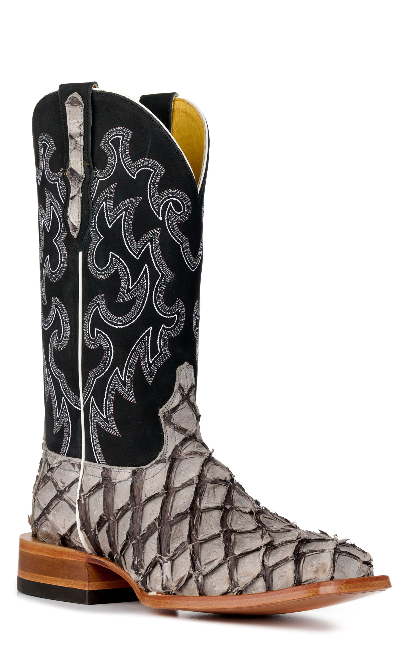 Cavender’s Men’s Charcoal Gray Pirarucu and Black Wide Square Toe Exotic Cowboy Boots - Image 1