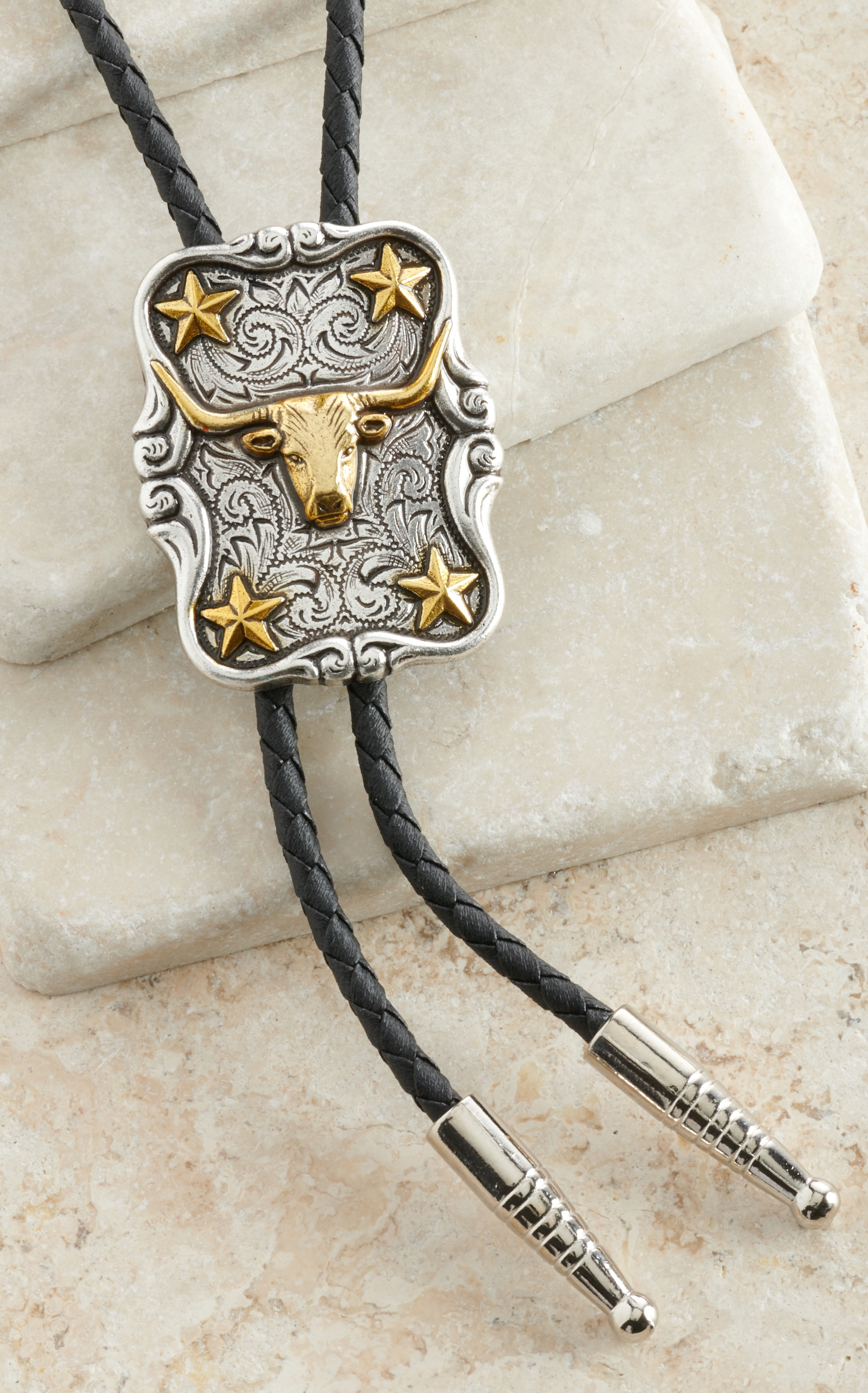 M&F Western Products Antiqued Silver with Gold Longhorn & Stars Bolo - Image 1