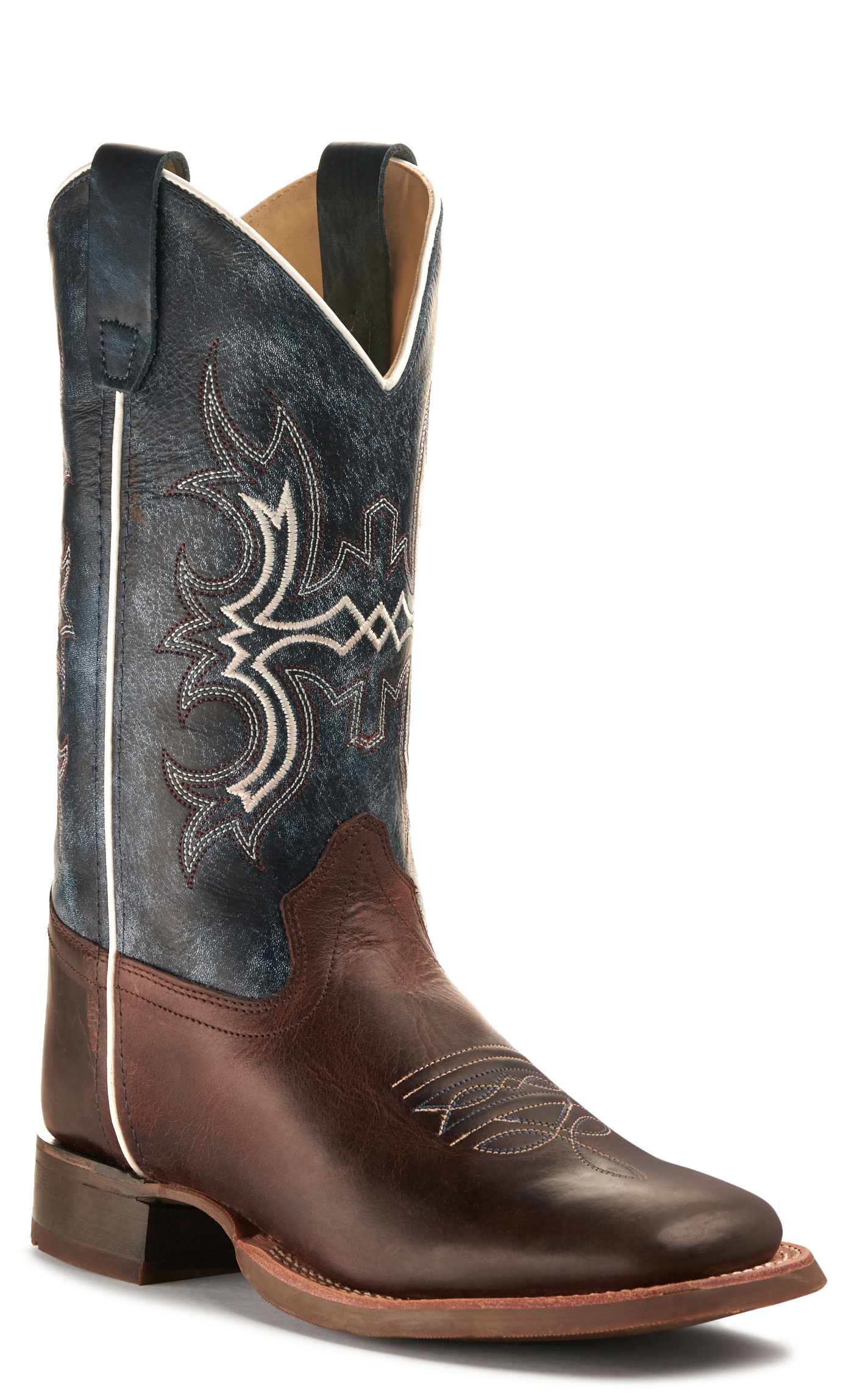 Old West Kids' Dark Brown and Wipe Out Blue Wide Square Toe Cowboy Boot - Image 1
