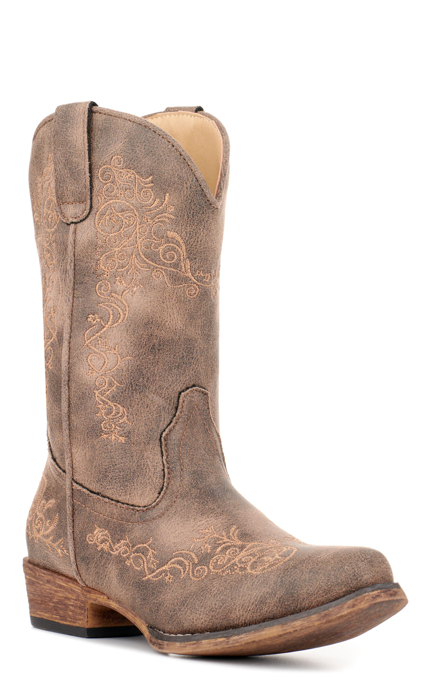 Roper Girls' Riley Scroll Vintage Brown Faux Leather Snip Toe Cowboy Boots - Image 1