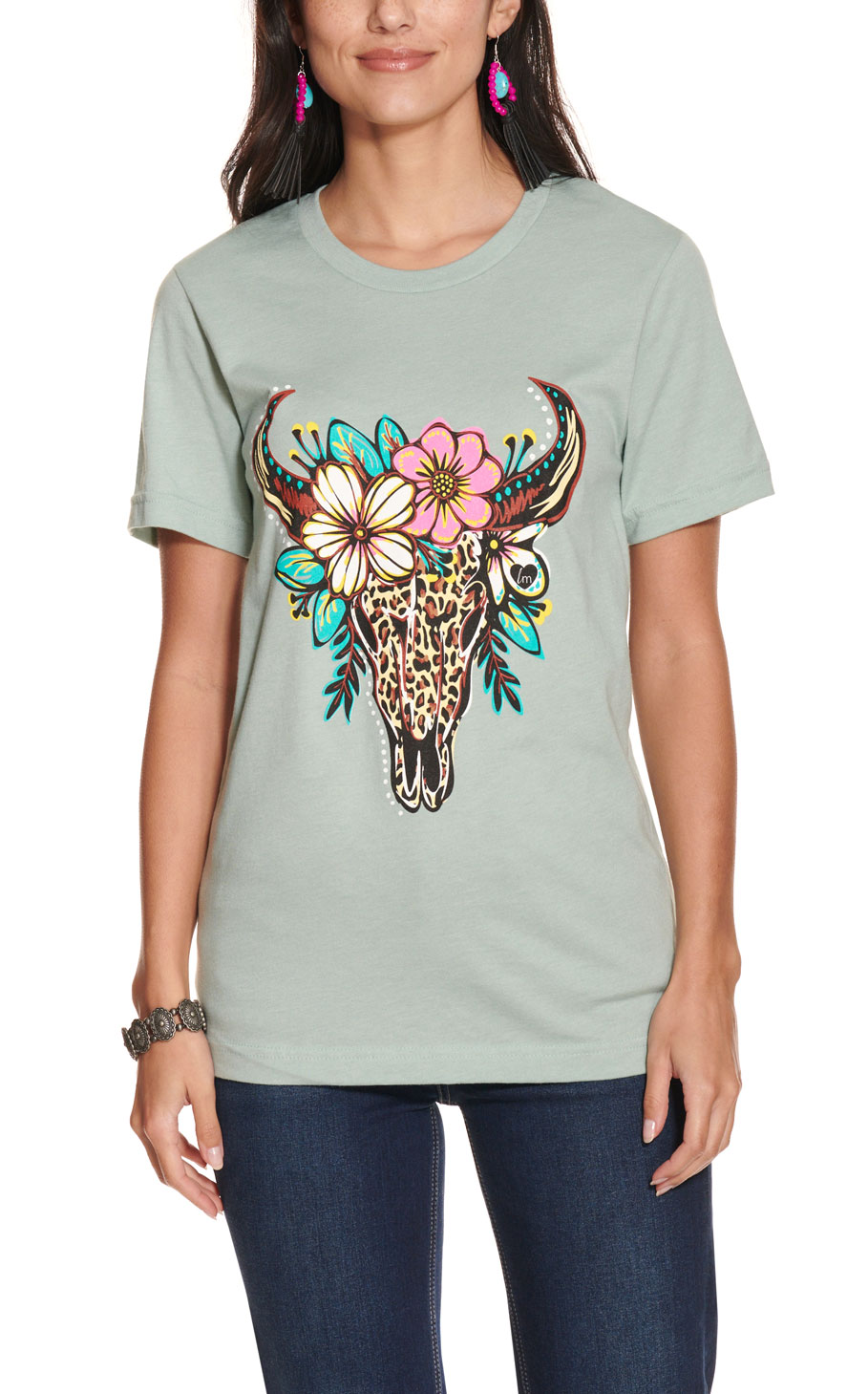LuLu Mac Women's Light Green with Leopard Skull & Floral Graphic Front Short Sleeve T-Shirt - Image 1