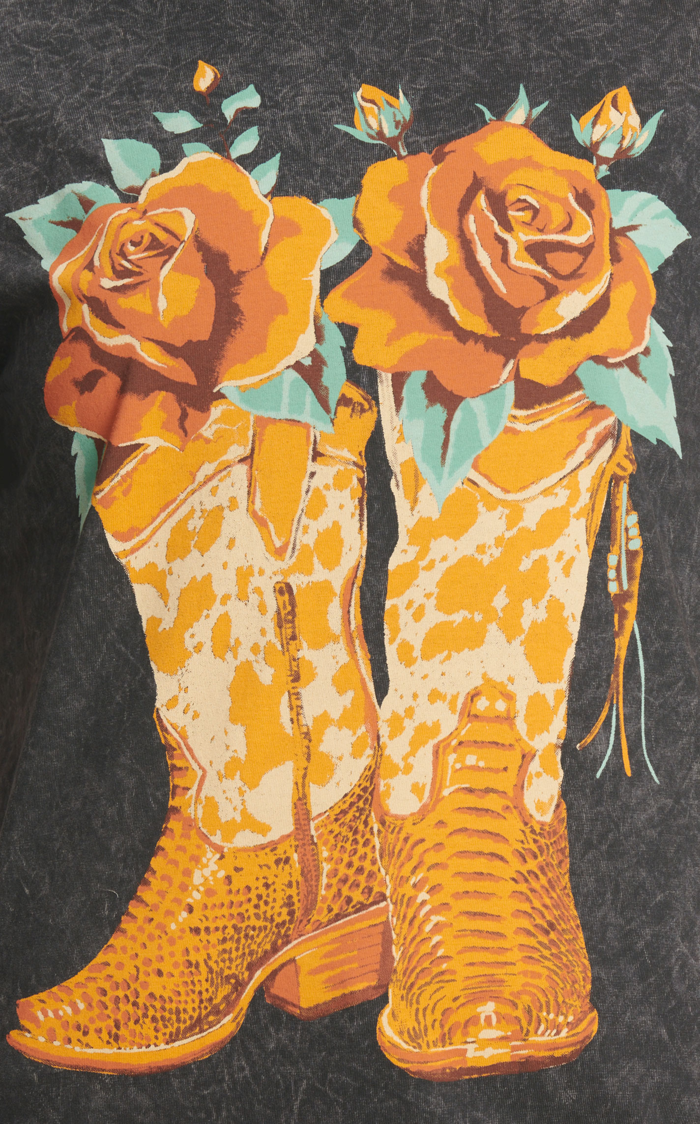 Lotus Fashion Women's Washed Black Roses & Boots Graphic T-Shirt - Image 1