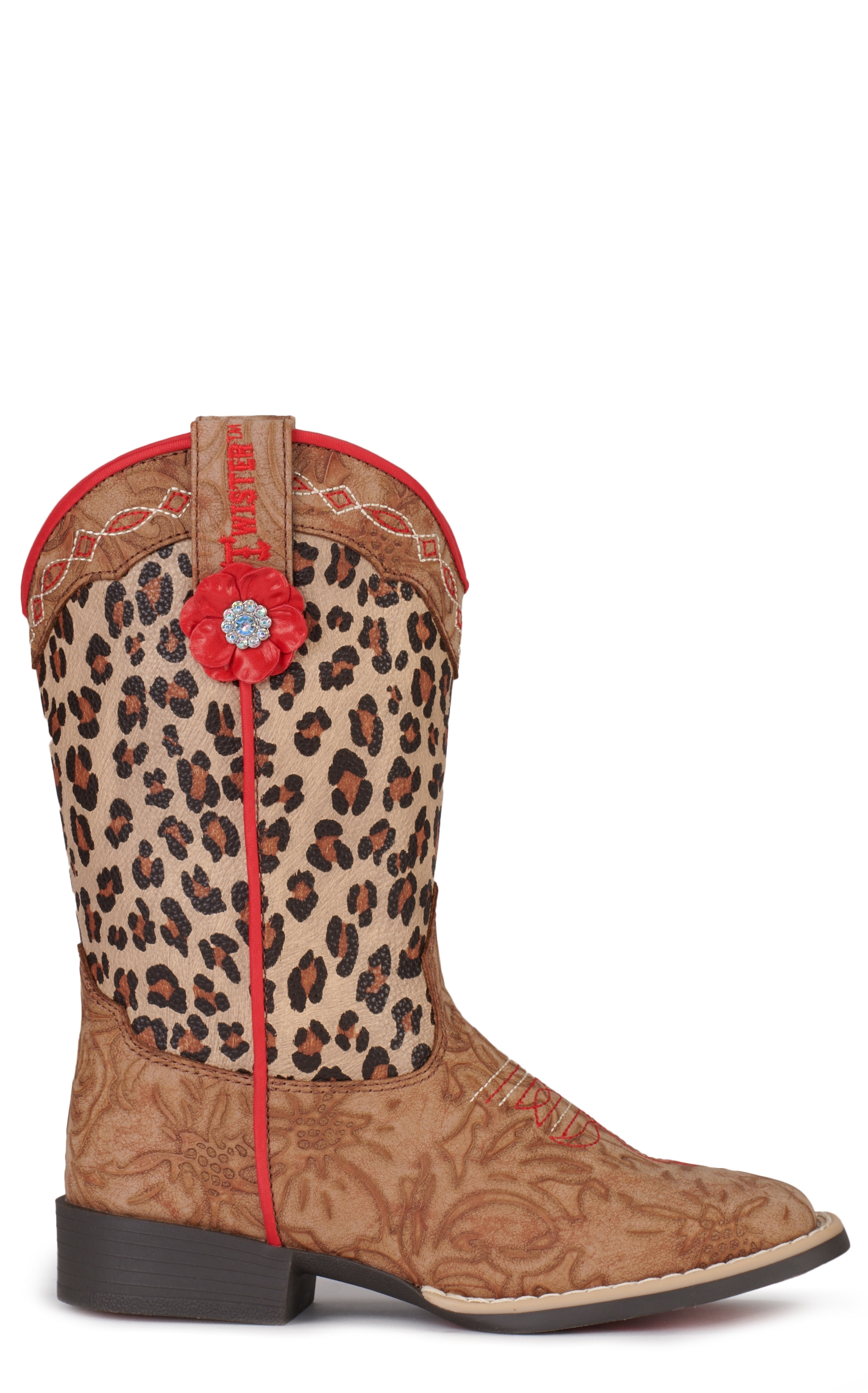 Twister Girls' Avery Tan Floral and Leopard Print Square Toe Cowboy Boots - Image 1