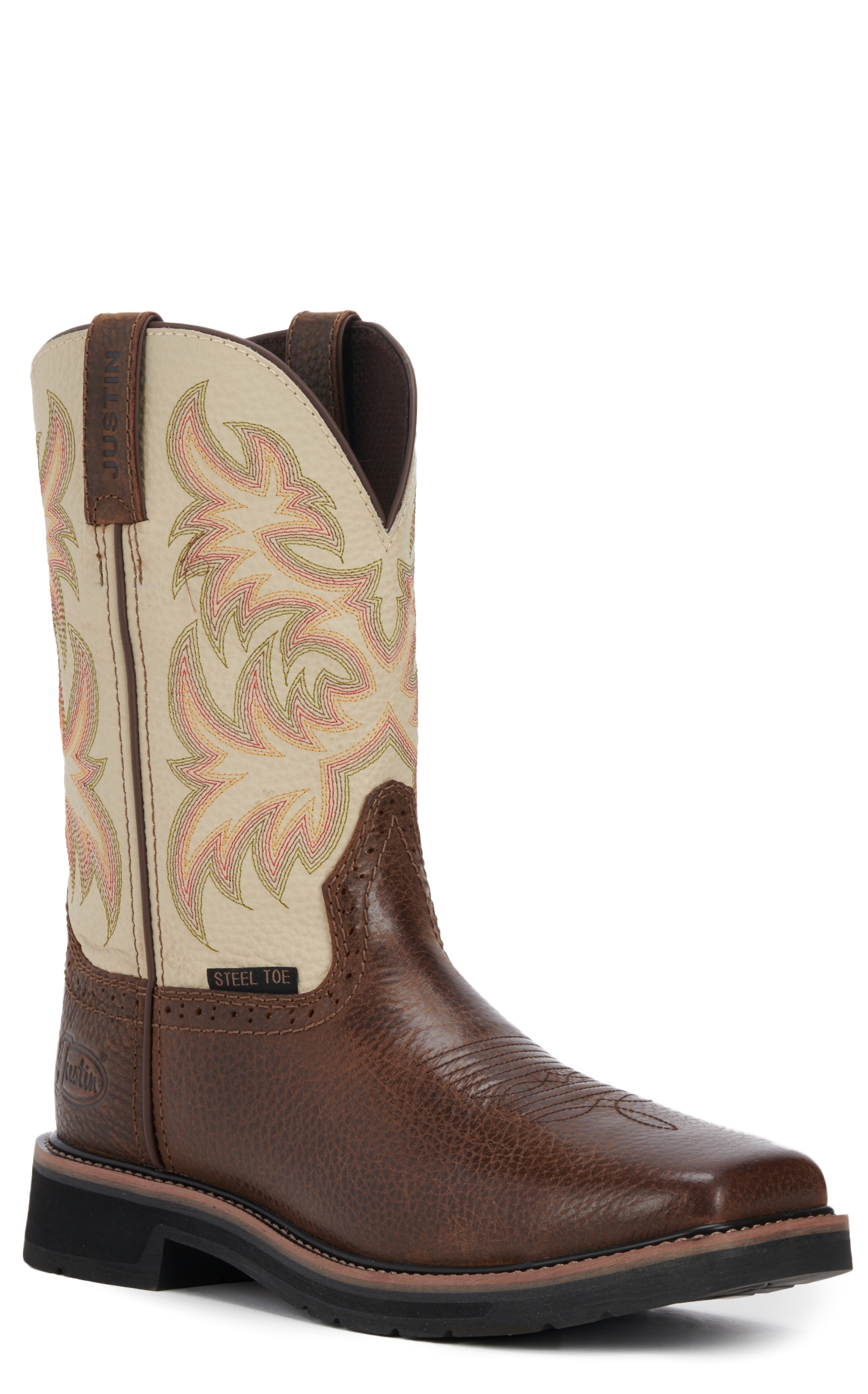 Justin Men's Stampede Driller Rich Brown and Ivory Square Steel Toe Work Boot - Image 1