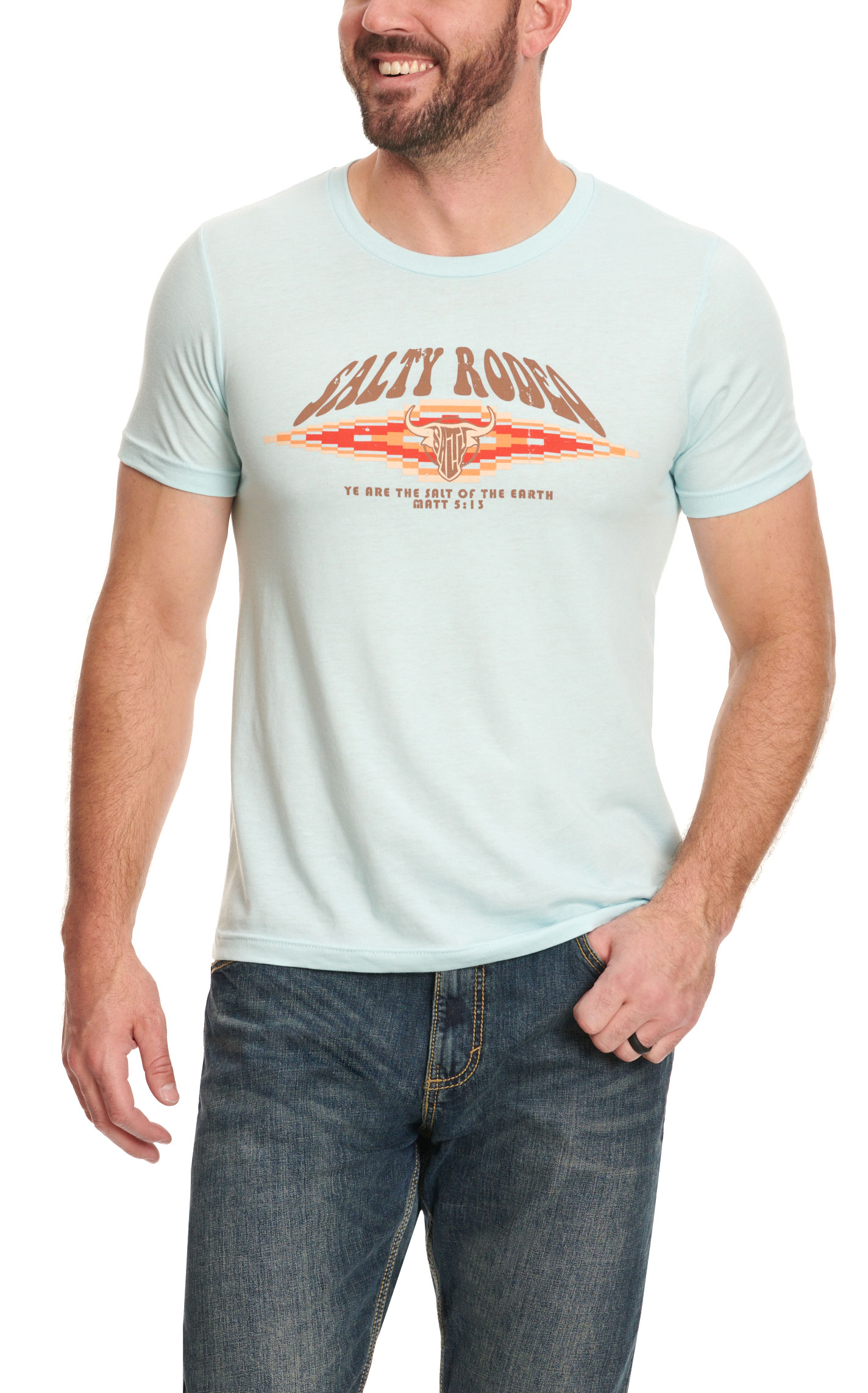 Salty Rodeo Men's Ice Blue Sunset Aztec & Steer Head Logo Short Sleeve T-Shirt - Image 1