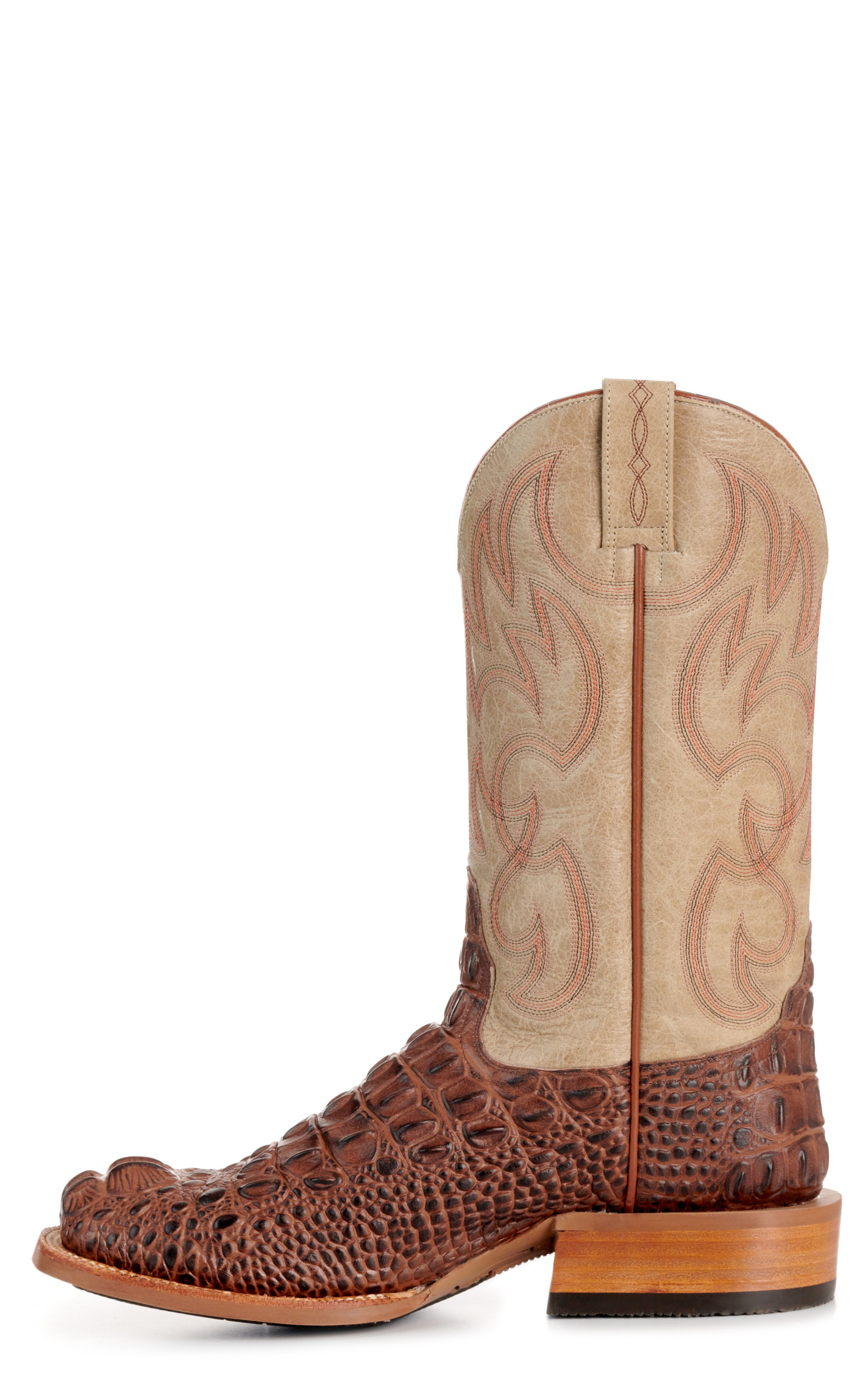 Cavender's Men's Intrepid Antique Cognac Hornback Alligator Print and Bone Wide Square Toe Cowboy Boots - Image 1