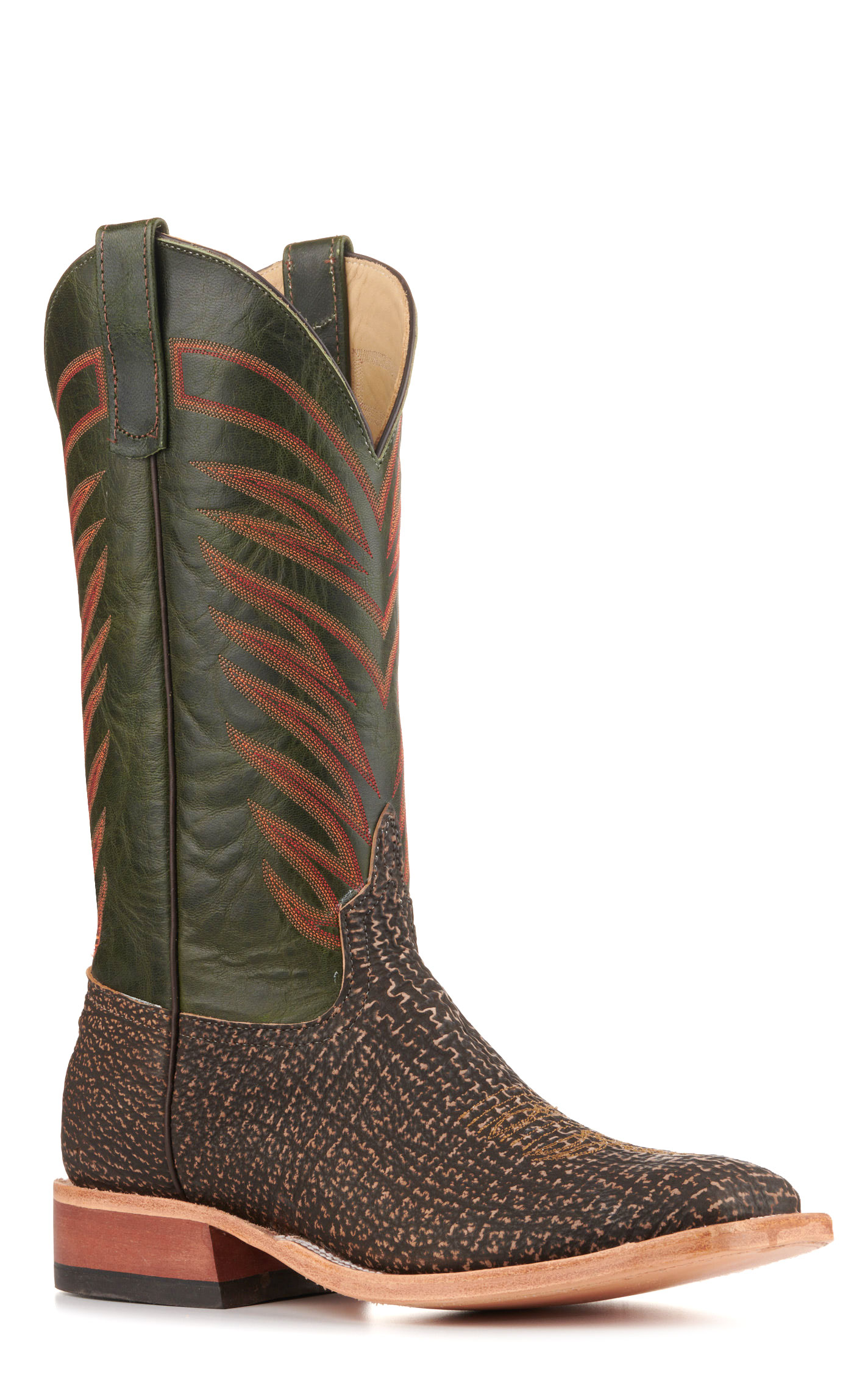 Anderson Bean Men's Emerald Green and Tan Safari Shark Wide Square Toe Cowboy Boots - Image 1