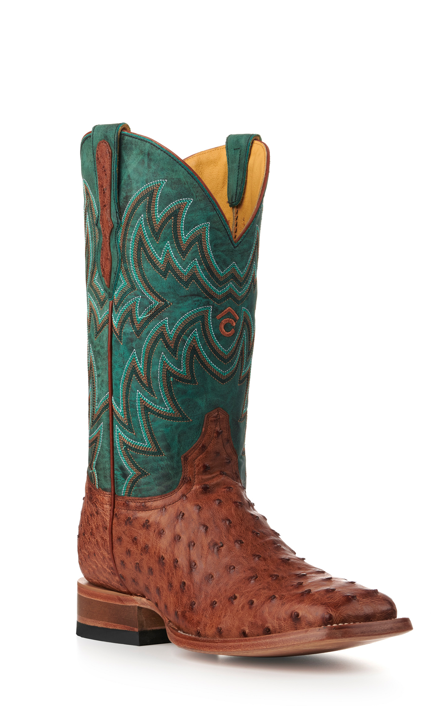 Cavender's Men's Green and Cognac Full Quill Ostrich Rafter C Wide Square Toe Exotic Cowboy Boots - Image 1