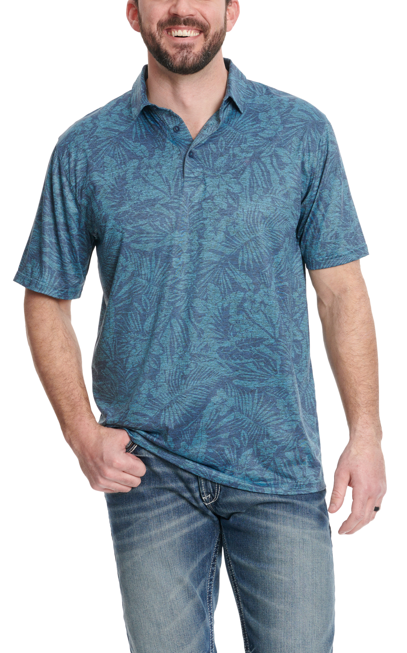 Ariat Men's AriatTEK Charger 2.0 Fitted Ocean Blue Tropical Print Short Sleeve Polo Shirt - Image 1
