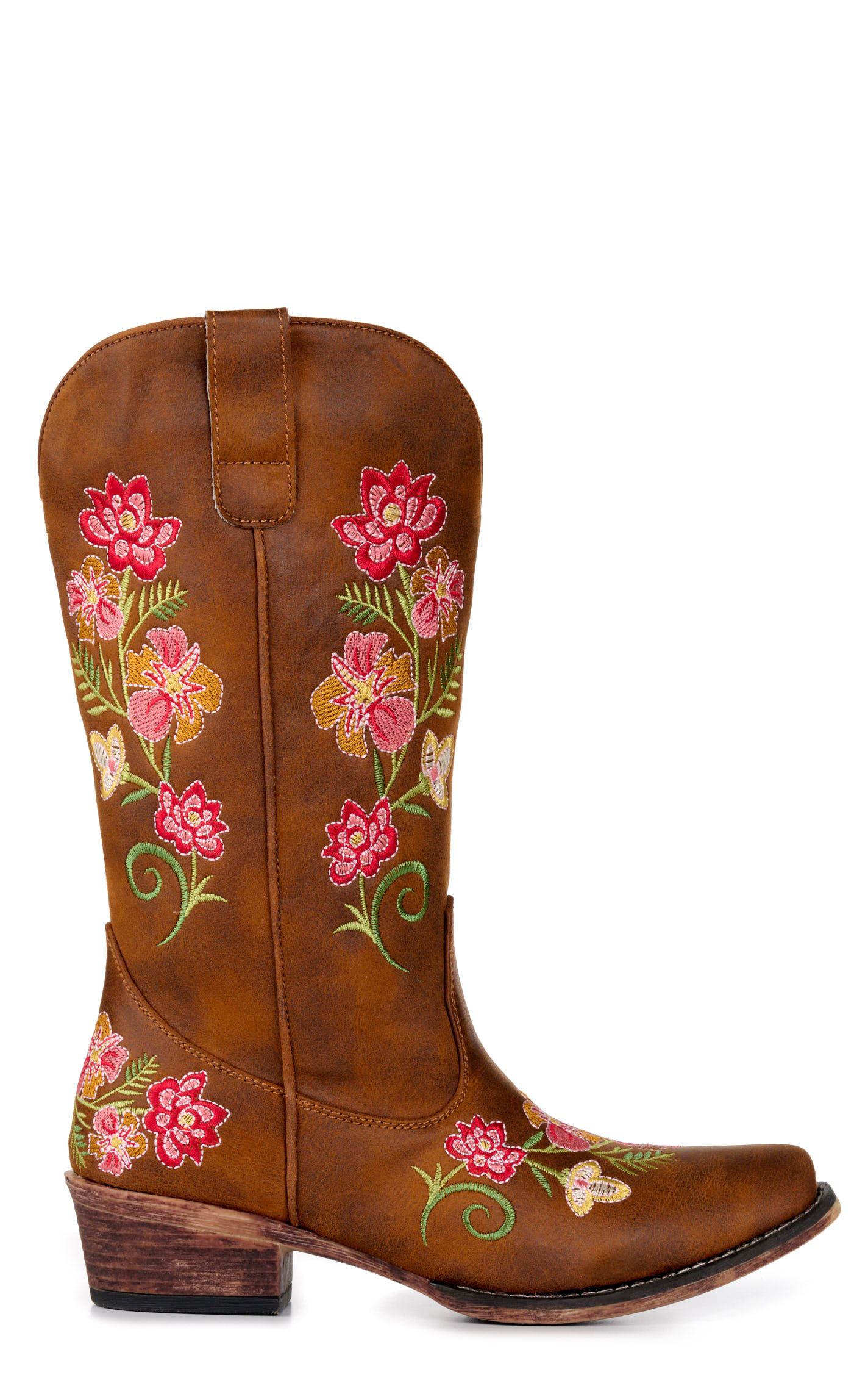 Roper Women’s Riley Brown with Floral Embroidery Faux Leather Snip Toe Cowboy Boots - Image 1