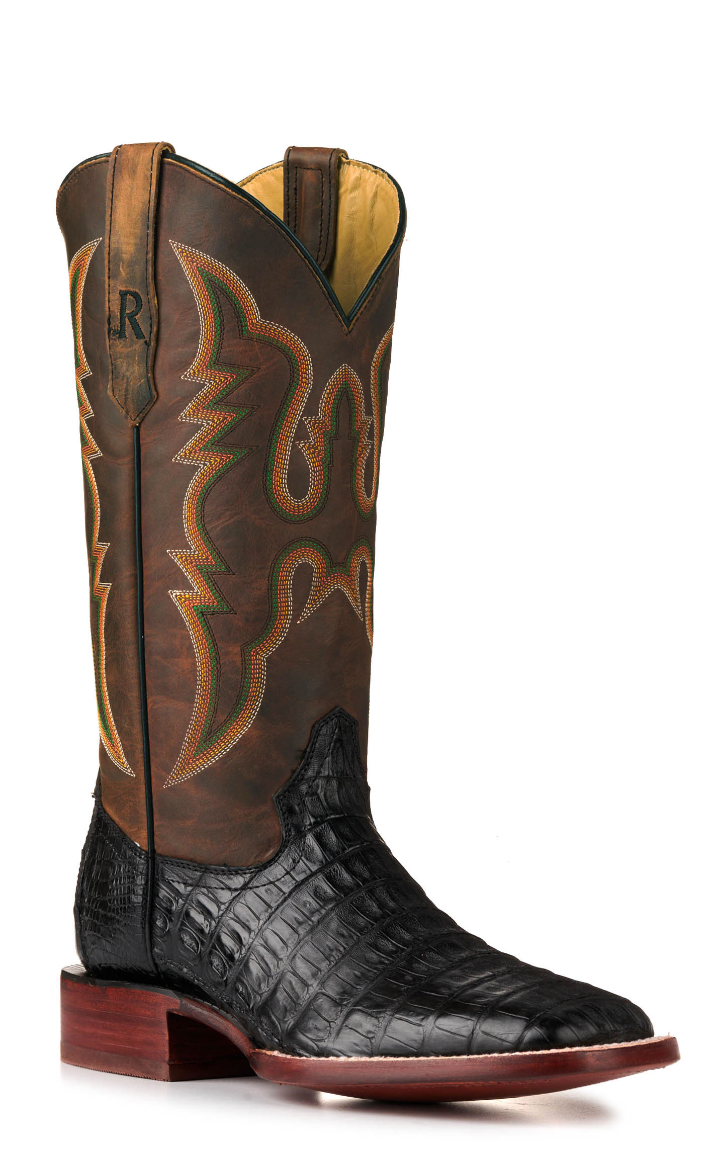R. Watson Men's Black Caiman Tail and Tan Wide Square Toe Exotic Cowboy Boots - Image 1