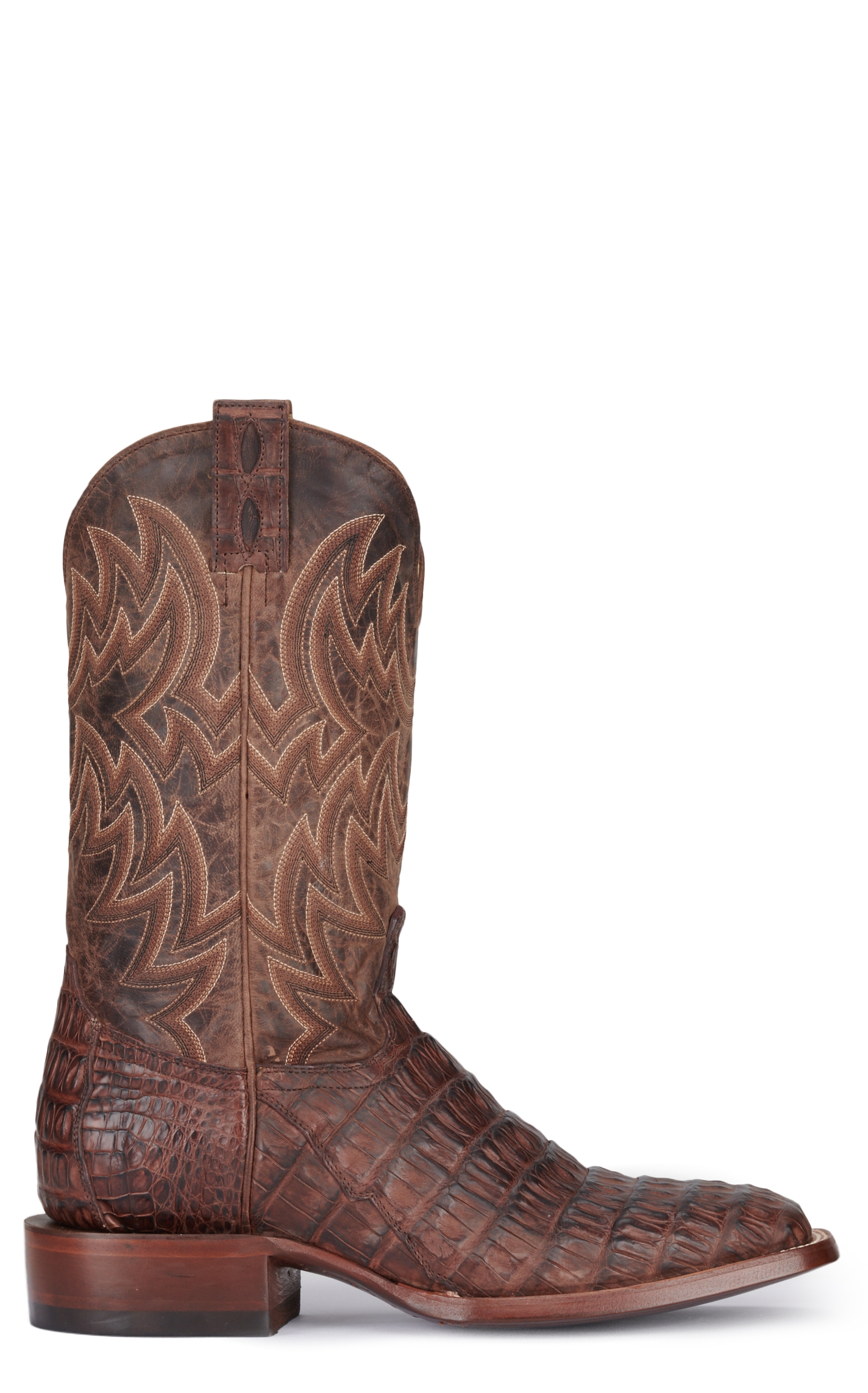 Cavender's Men's Chocolate and Cigar Reverse Caiman Tail Wide Square Toe Exotic Cowboy Boots - Image 1
