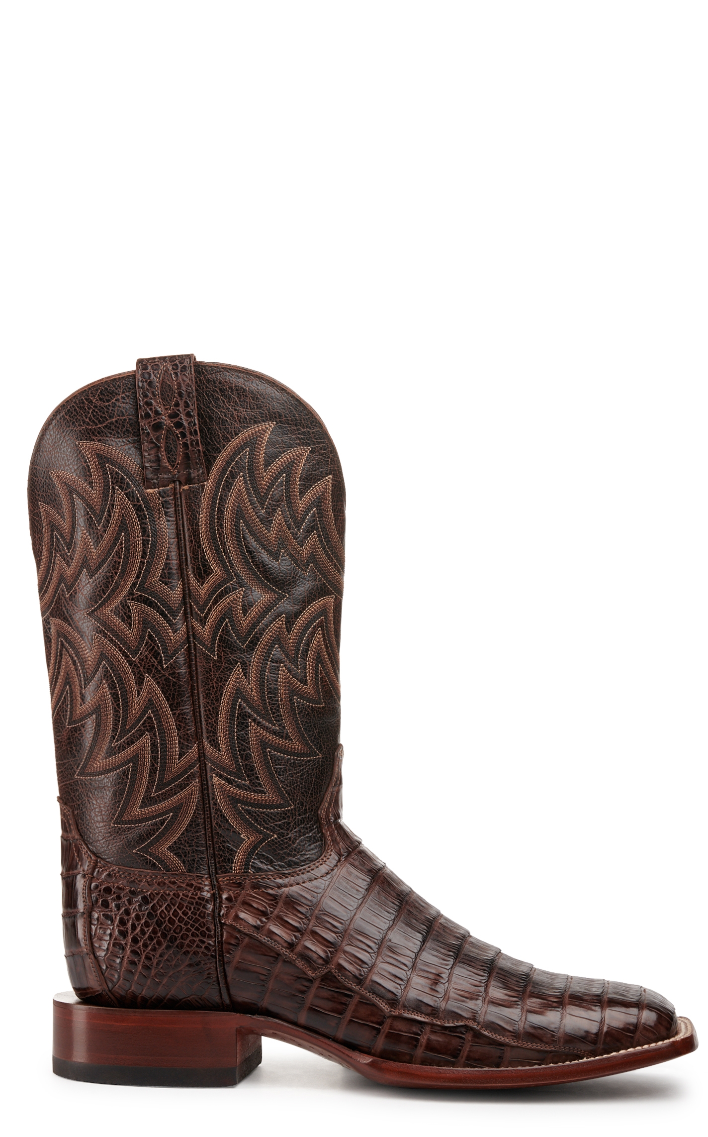 Cavender's Men's Chocolate and Cigar Caiman Tail Wide Square Toe Exotic Cowboy Boot - Image 1