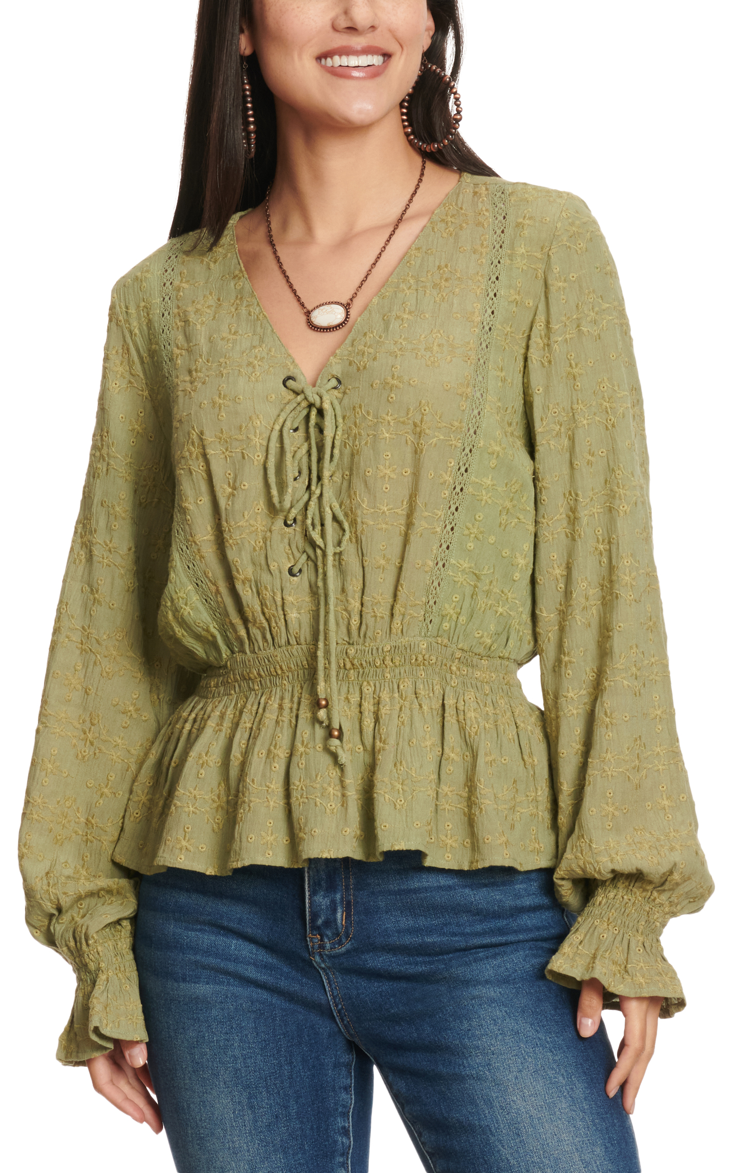 Rockin C Women's Olive Eyelet Lace Up Top - Image 1