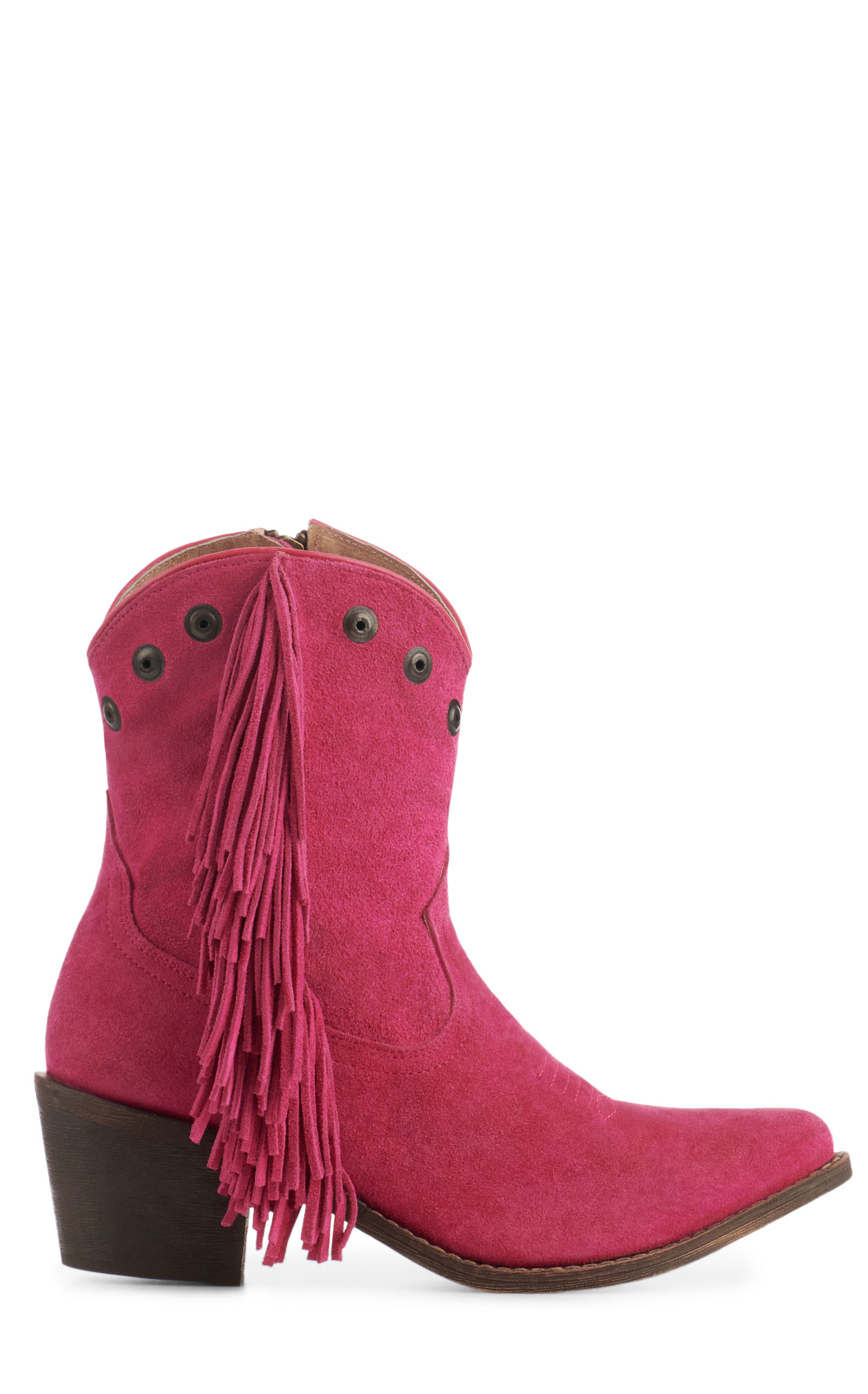 Circle G by Corral Women's Pink Suede with Fringe and Studs Pointed Toe Booties - Image 1