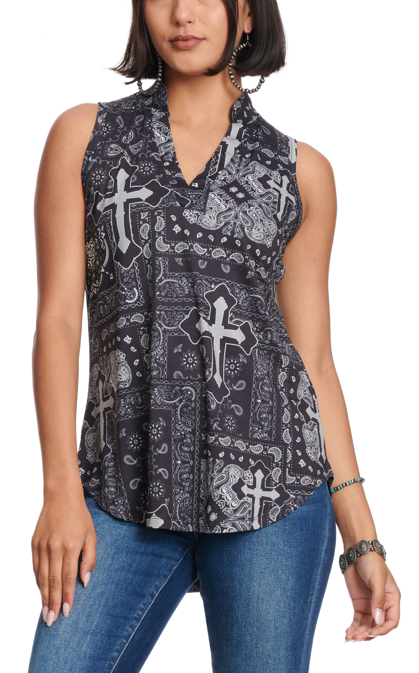 Cowgirl Hardware Women's Black Bandana Cross Patchwork Print Top - Image 1