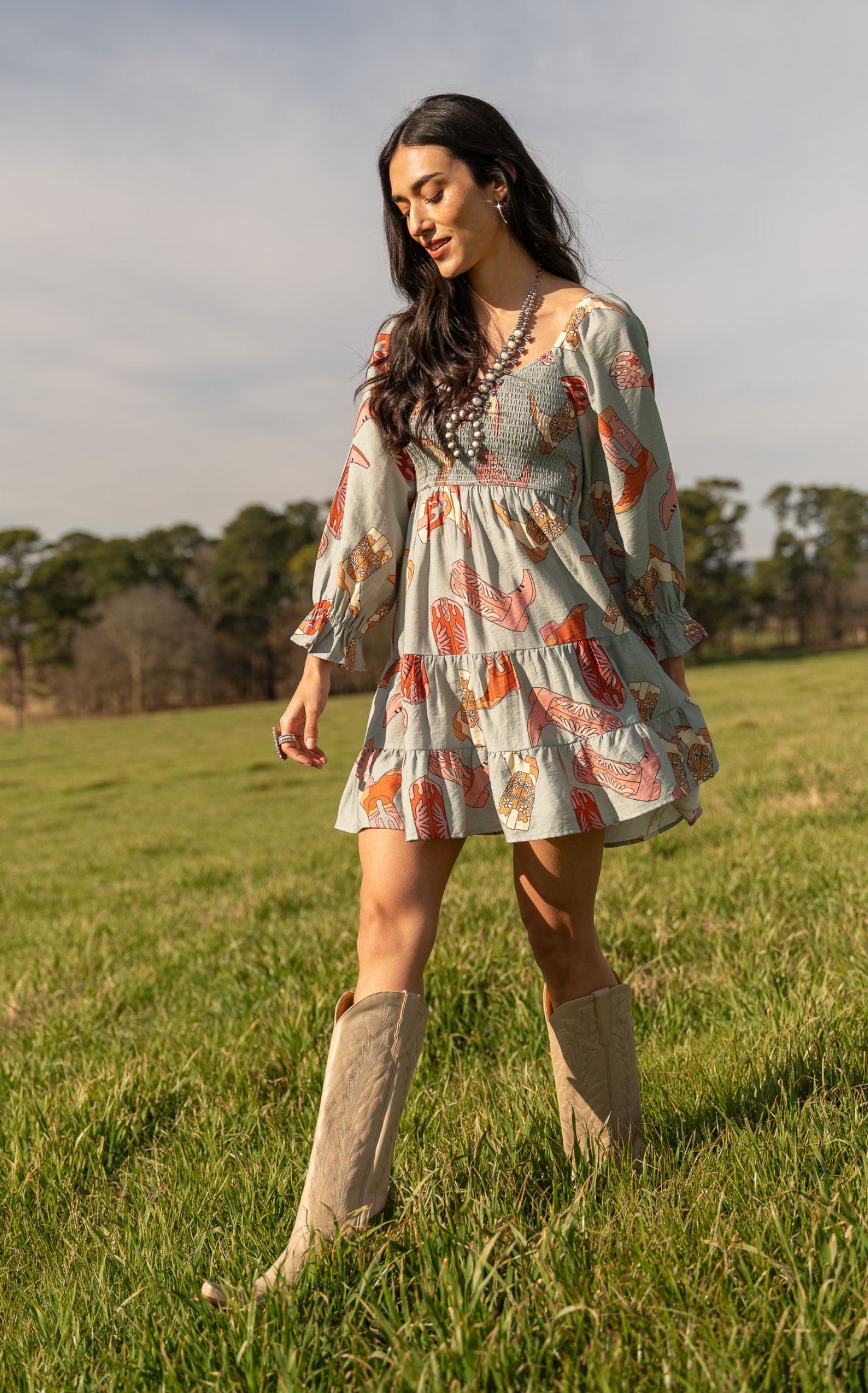 Rockin C Women's Aqua Marine Boot Print Smocked Dress - Image 1