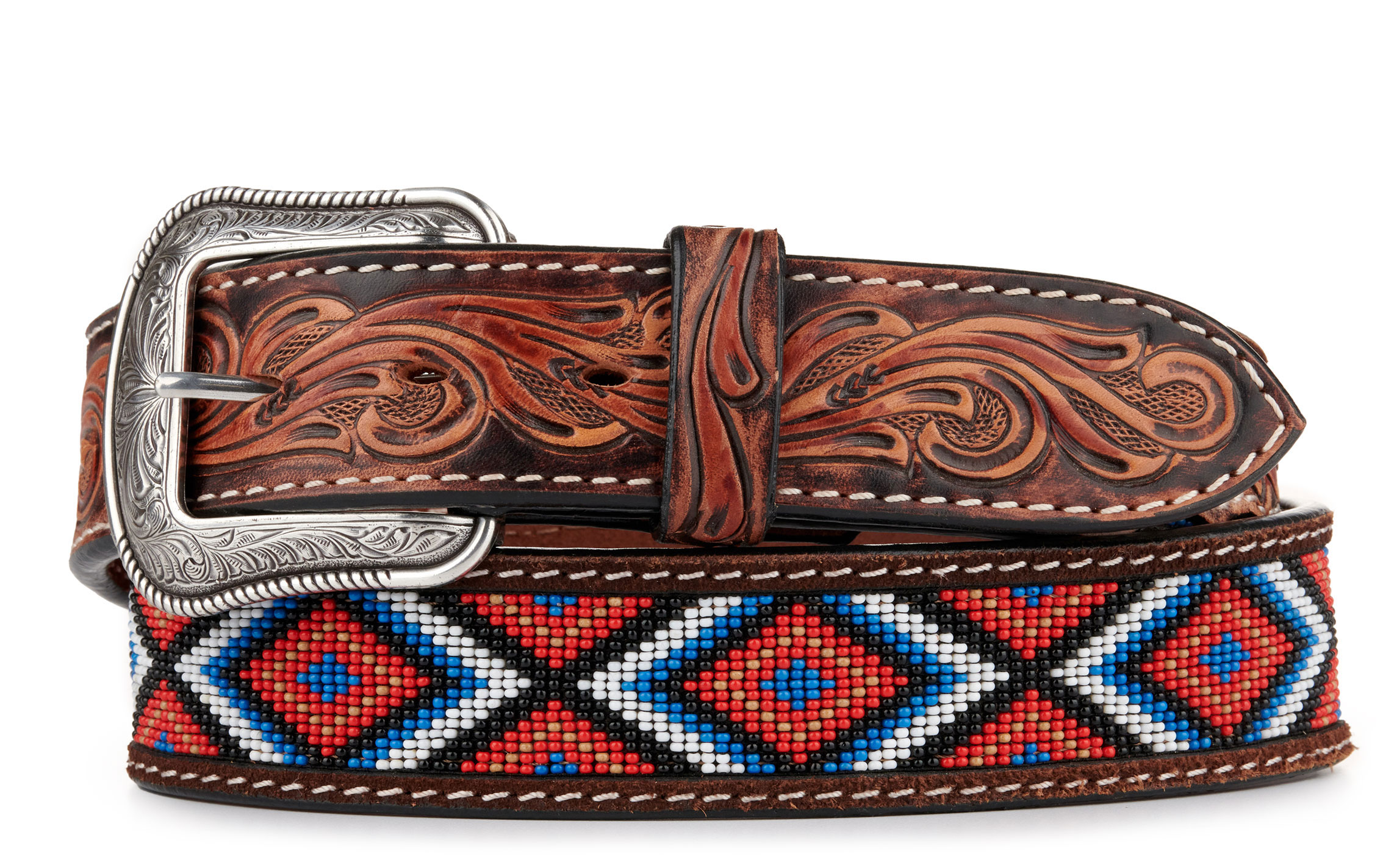 3D Belt Co Men's Dark Brown Tooled Leather Multi Color Aztec Beaded Western Belt - Image 1
