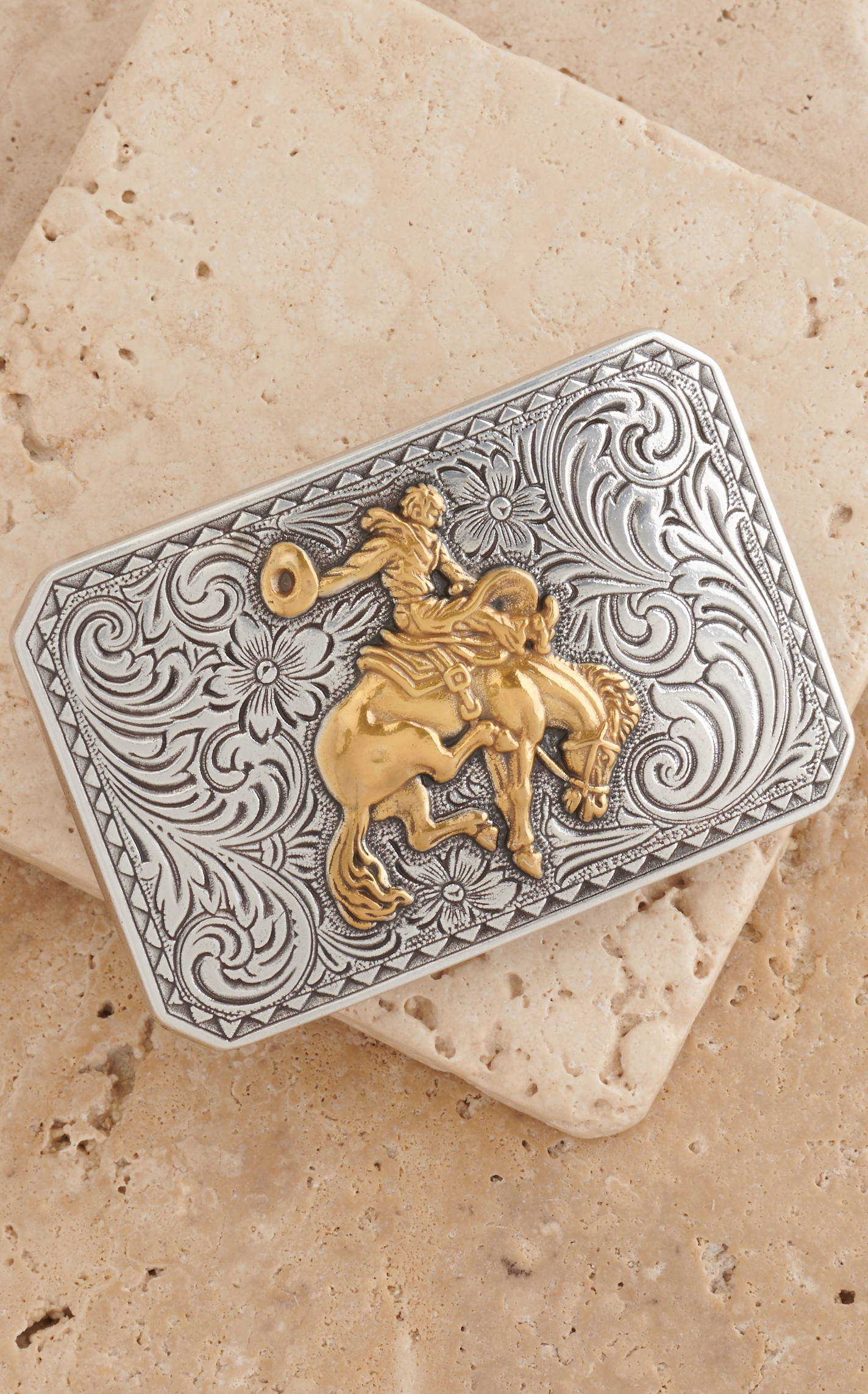 M&F Western Products Silver Floral Etching with Gold Bucking Bronco Belt Buckle - Image 1