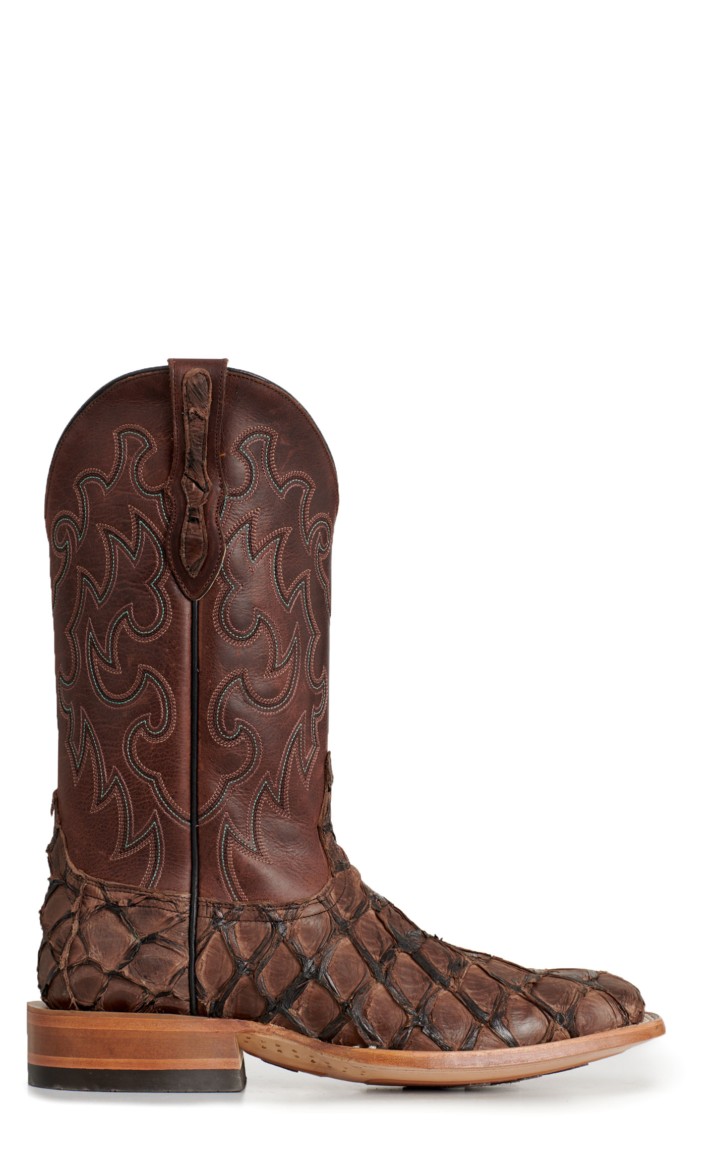 Cavender's Men's Chocolate Pirarucu & Cowhide Wide Square Toe Exotic Cowboy Boots - Image 1