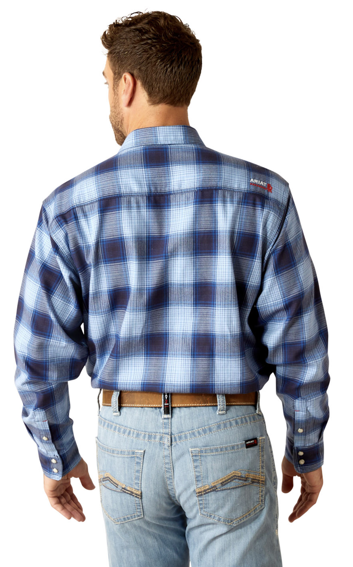 Ariat Men's Bighorn FR Navy & Cornflower Blue Plaid Work Shirt - Image 1