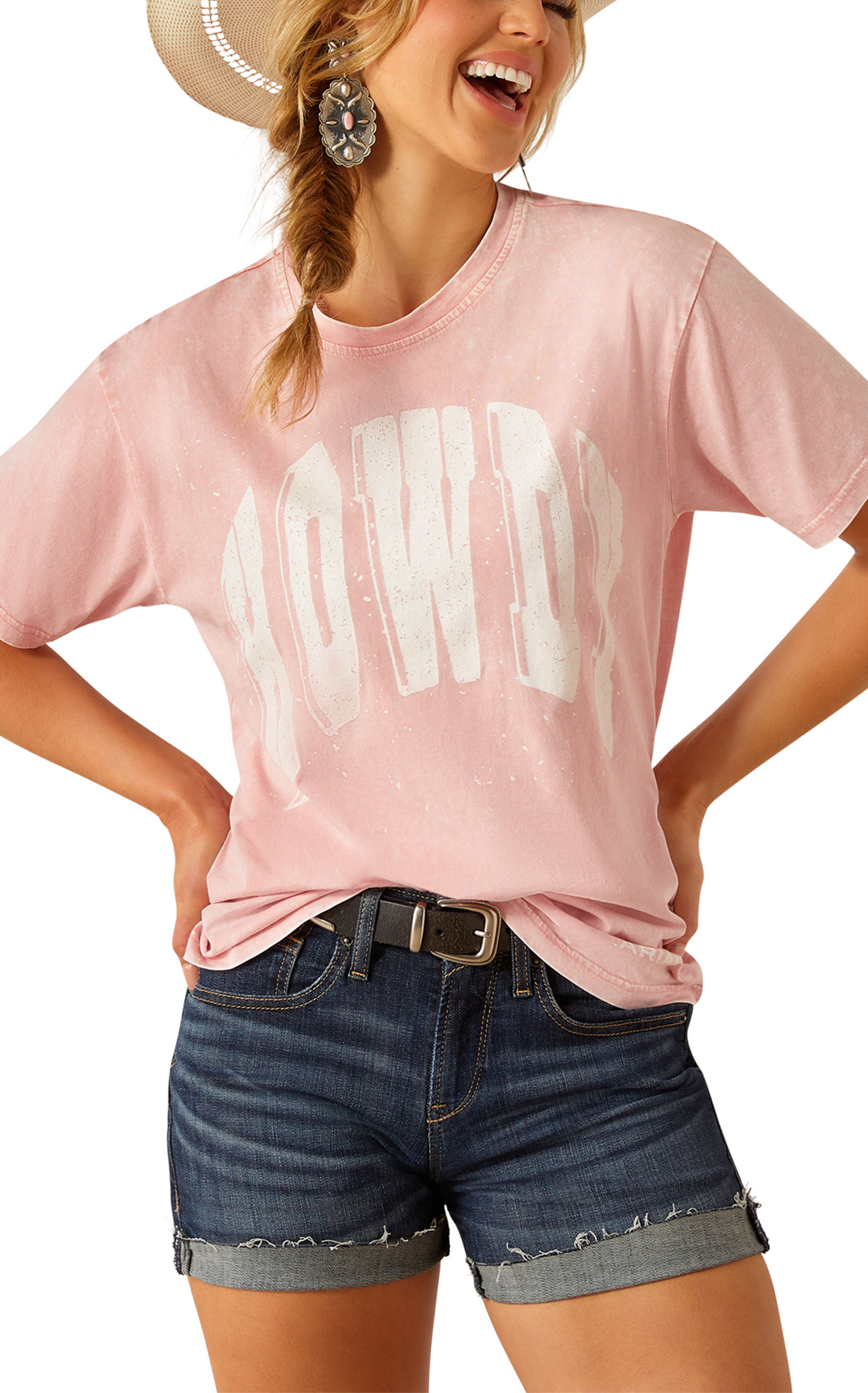 Ariat Women's Pink HOWDY Acid Wash T-Shirt - Image 1