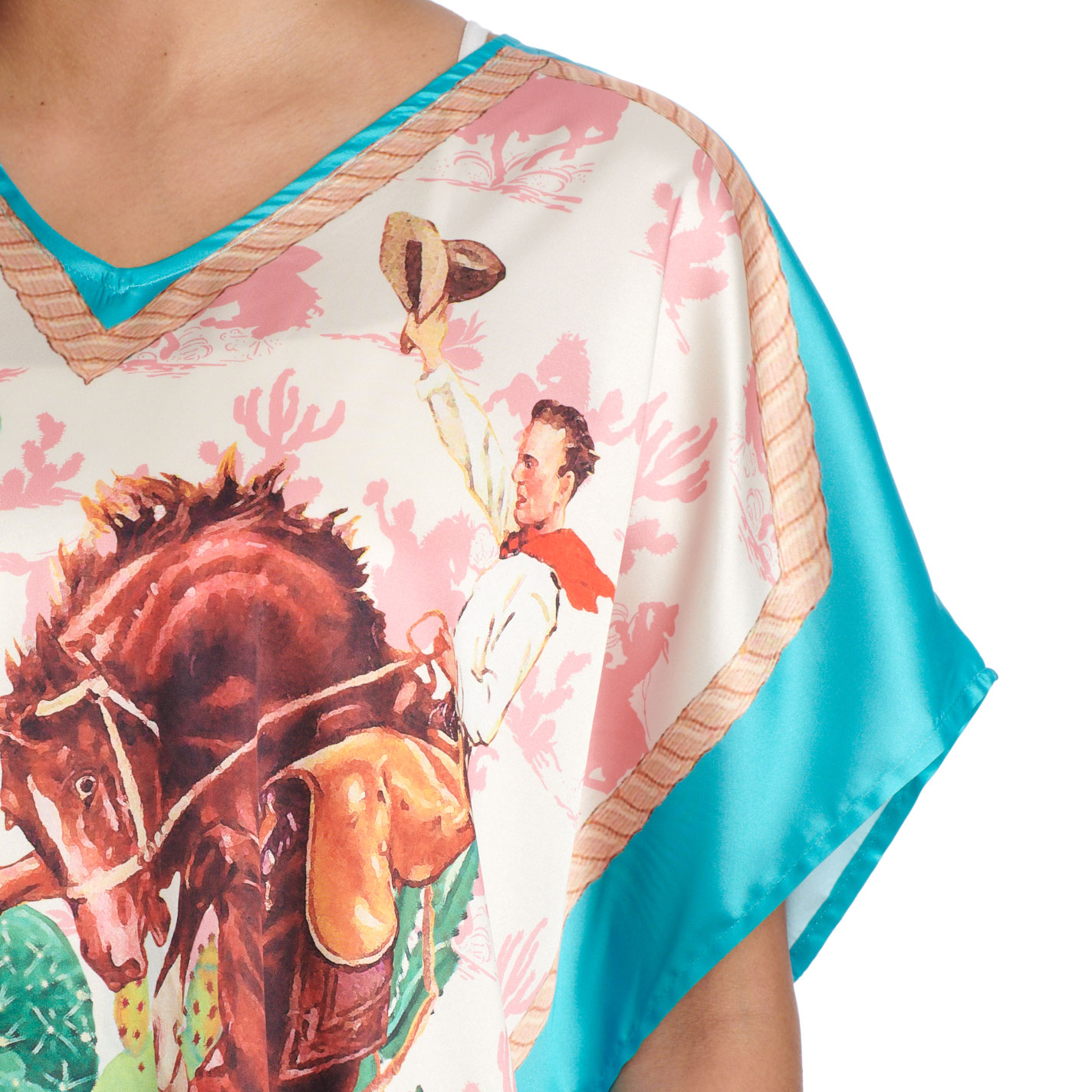 Fashion Express Women's Turquoise Western Horse & Floral Print Poncho Top - Image 1