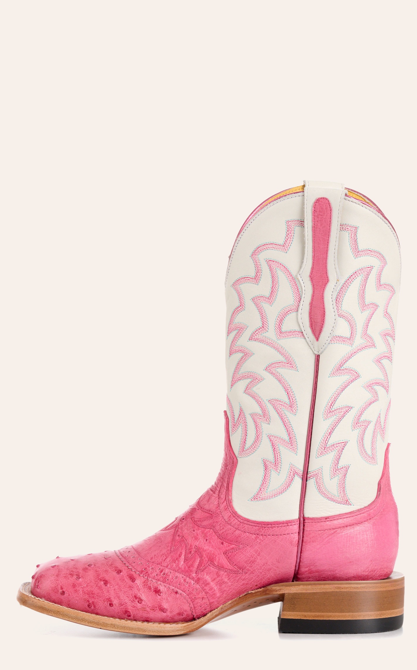 Cavender's Women's Pink Ostrich & White Wide Square Toe Cowboy Boots - Image 1