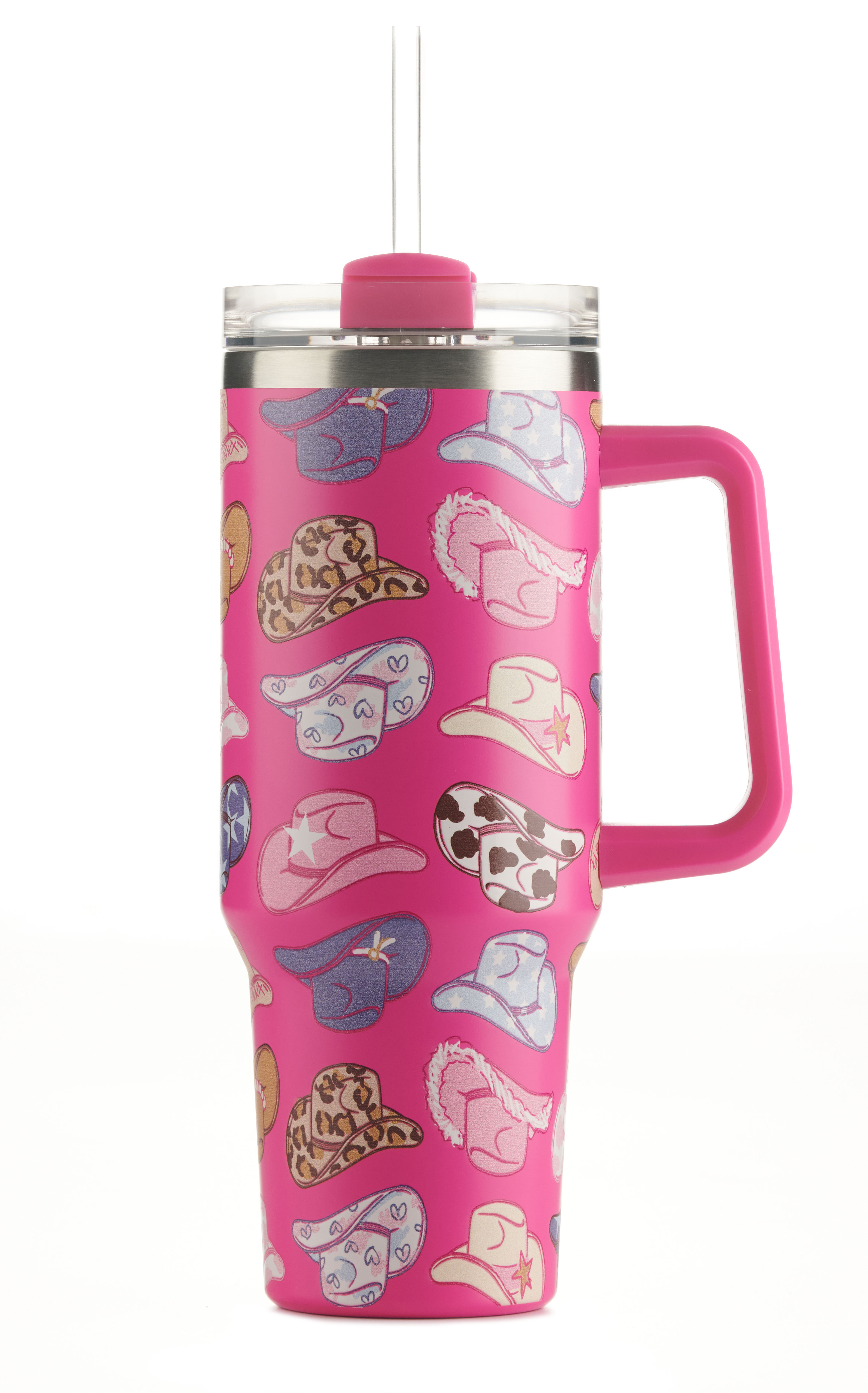 Girlie Girl Originals Pink Hat Print 40 oz. Handled Morgan Tumbler - Image 1