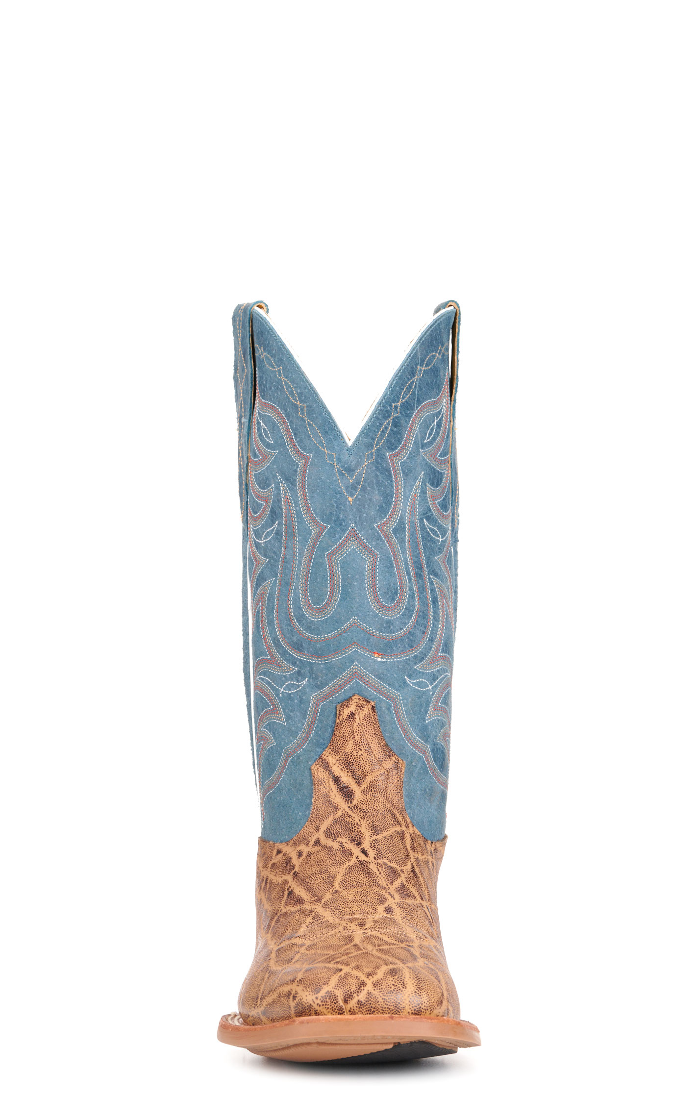 Cavender's Men's Intrepid Tan Elephant Print and Blue Wide Square Toe Cowboy Boots - Image 1