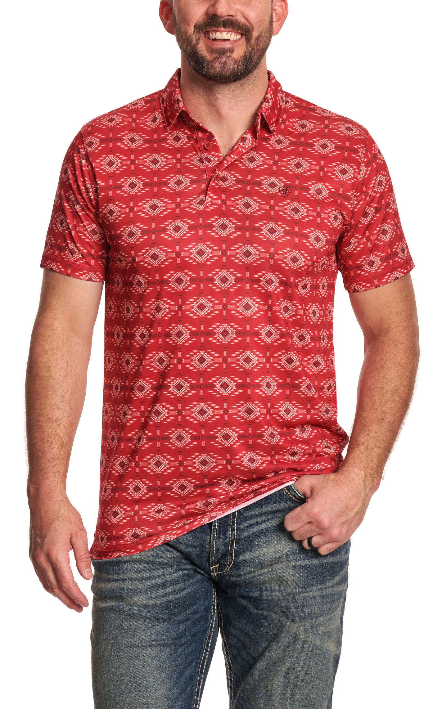 Ariat Men's Red & White Aztec Print Polo - Image 1