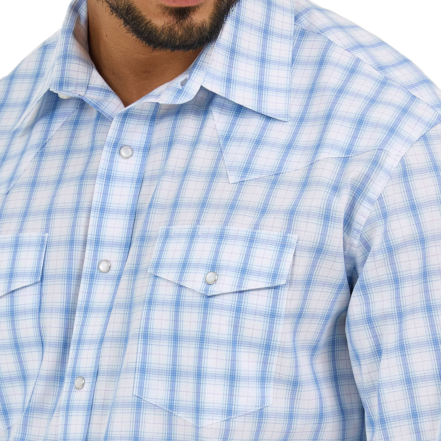 Wrangler Men's Blue & White Plaid Long Sleeve Western Shirt - Image 1
