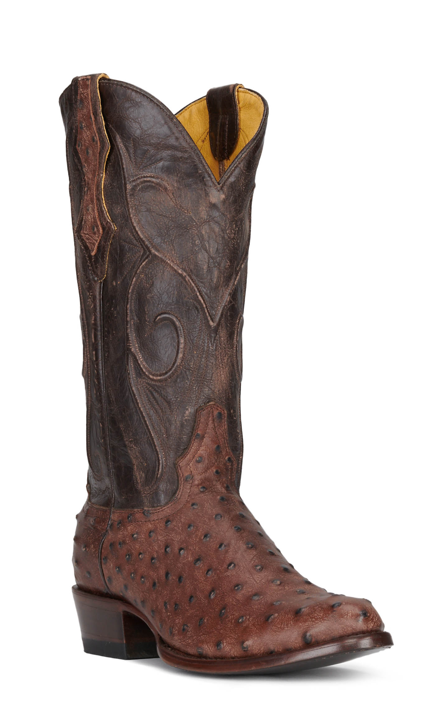 Cavender's Men's Chocolate and Brown Ostrich Print R-Toe Cowboy Boots - Image 1