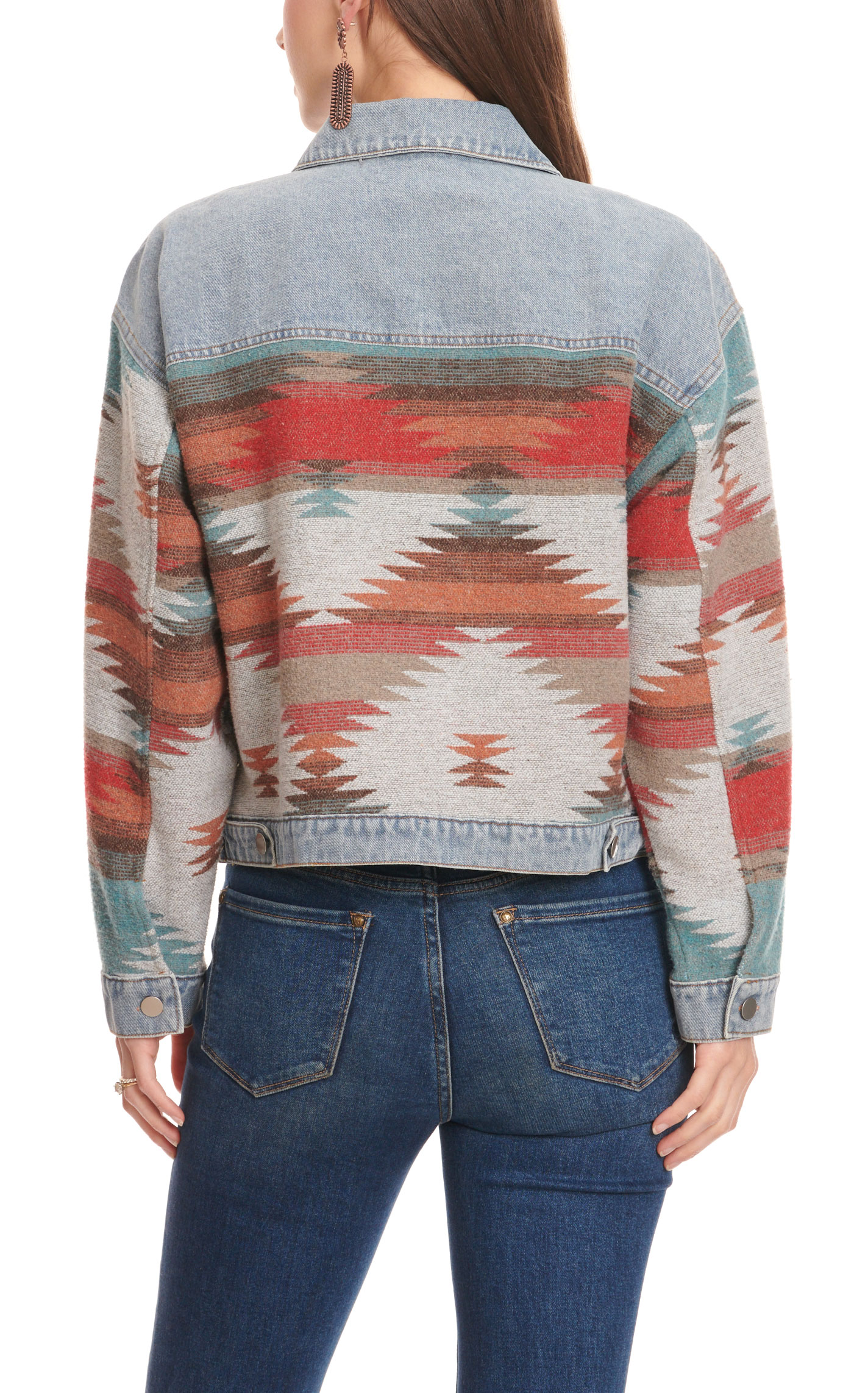 Montana Co Women's Light Wash Denim & Turquoise Sunset Aztec Blanket Jacket - Image 1