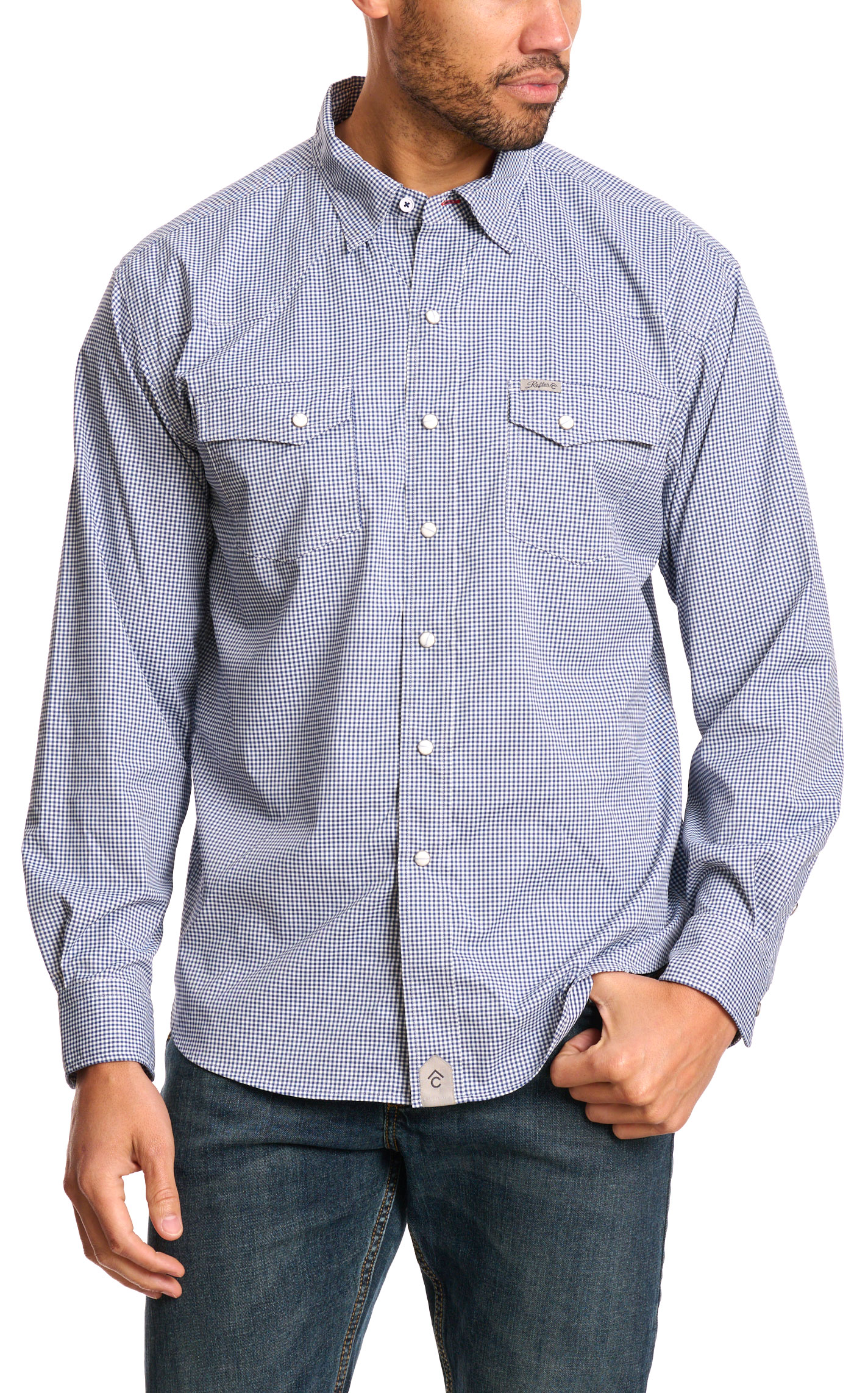 Rafter C Outdoors Men's Navy Gingham Lefty Fishing Shirt - Image 1