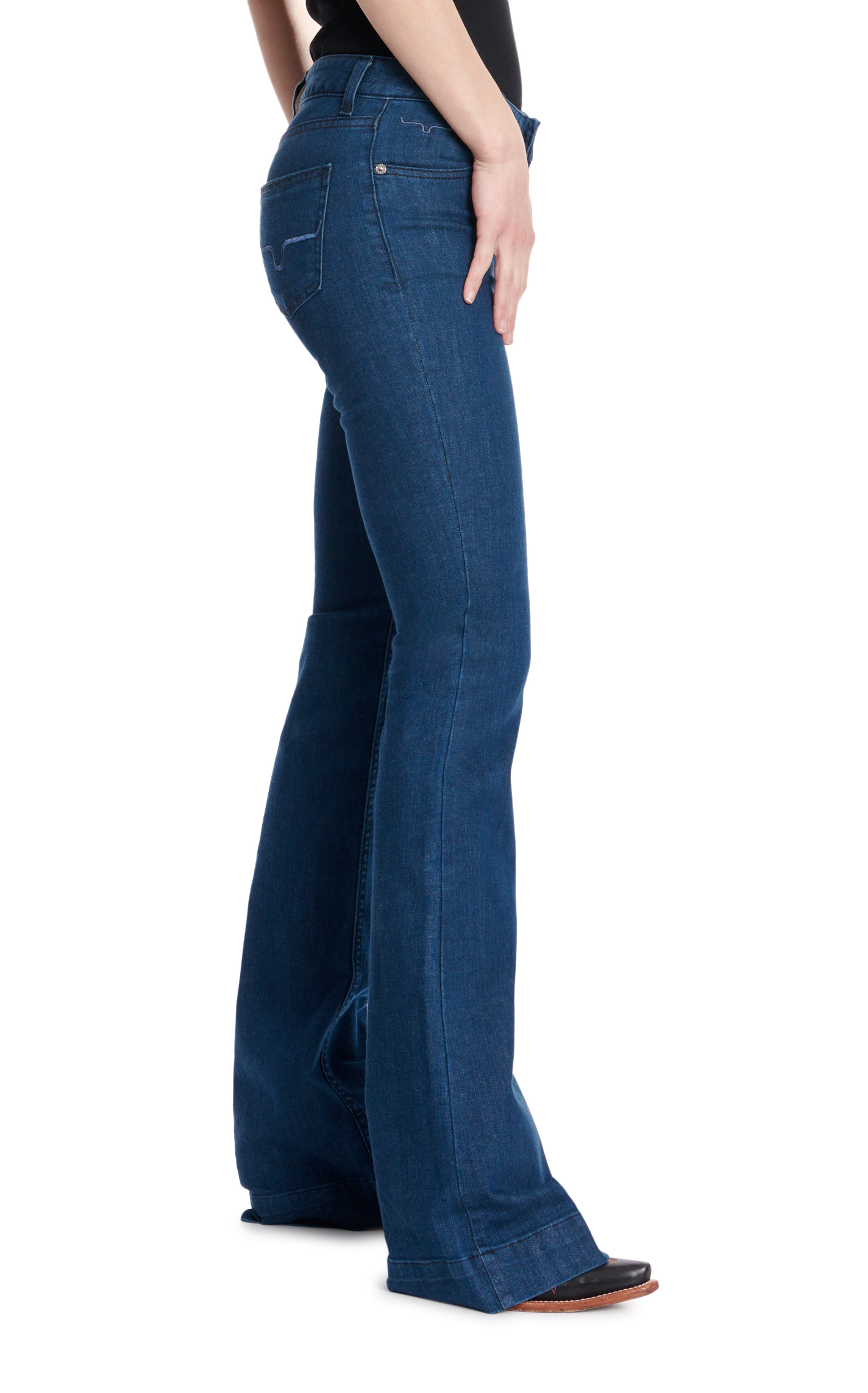 Kimes Ranch Women's Lola Dark Indigo Wash Mid Rise Flare Leg Trouser Jeans - Image 1