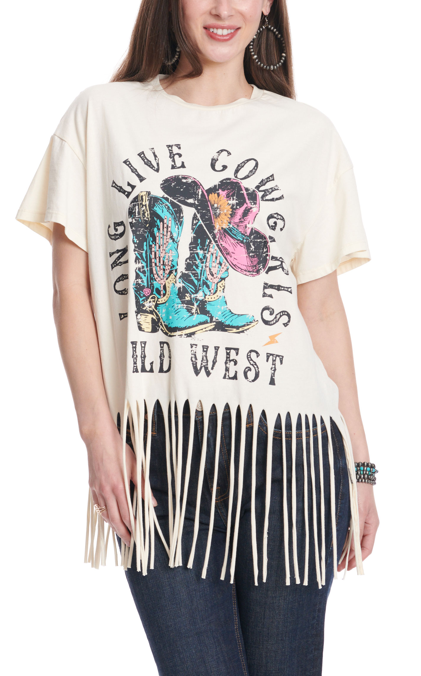 Rock & Roll Denim Women's Cream Long Live Cowgirls Fringed T-Shirt - Image 1