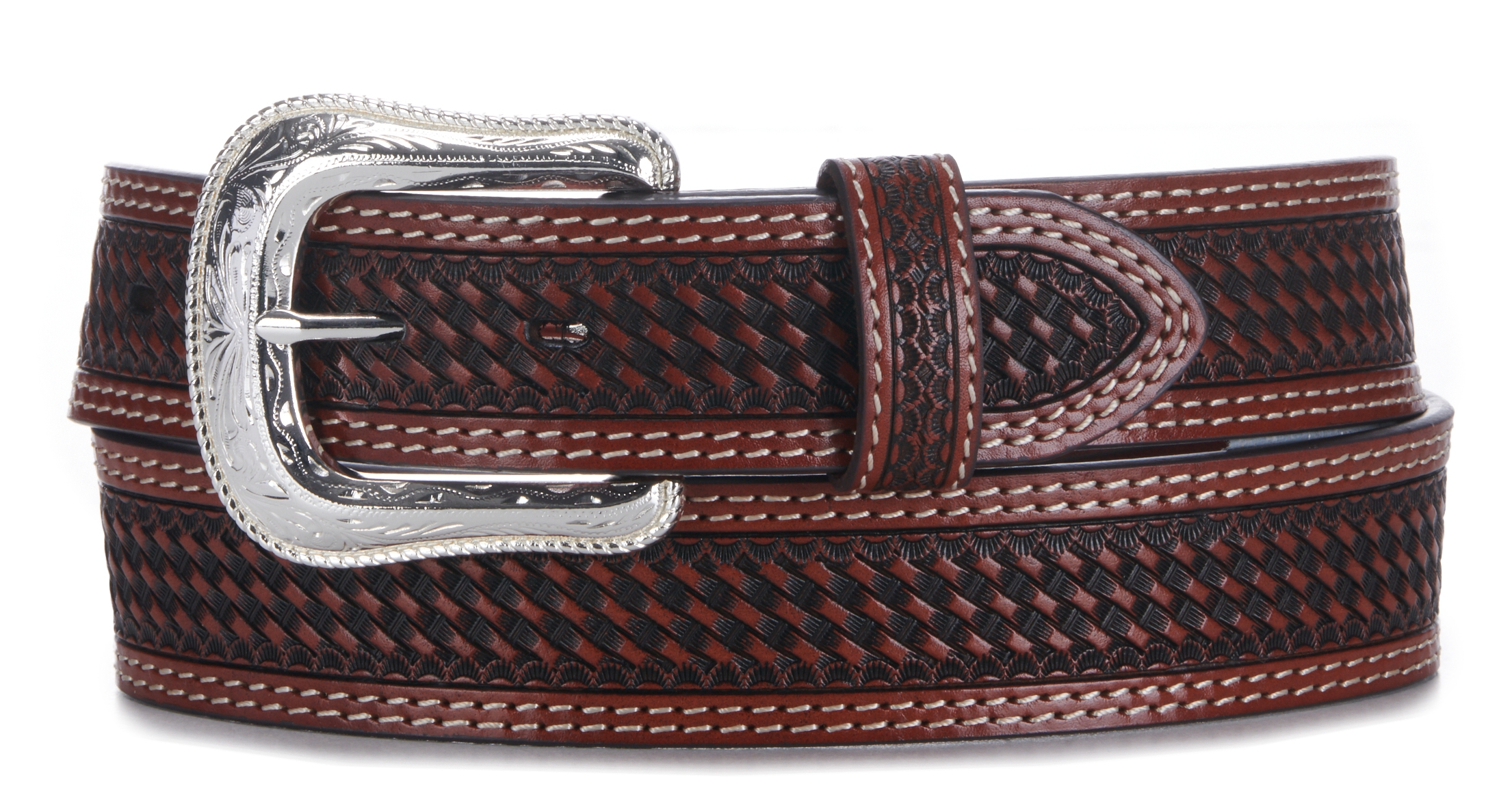 Cowboy Chrome Men's Brown Leather Basket Weave Western Belt - Image 1