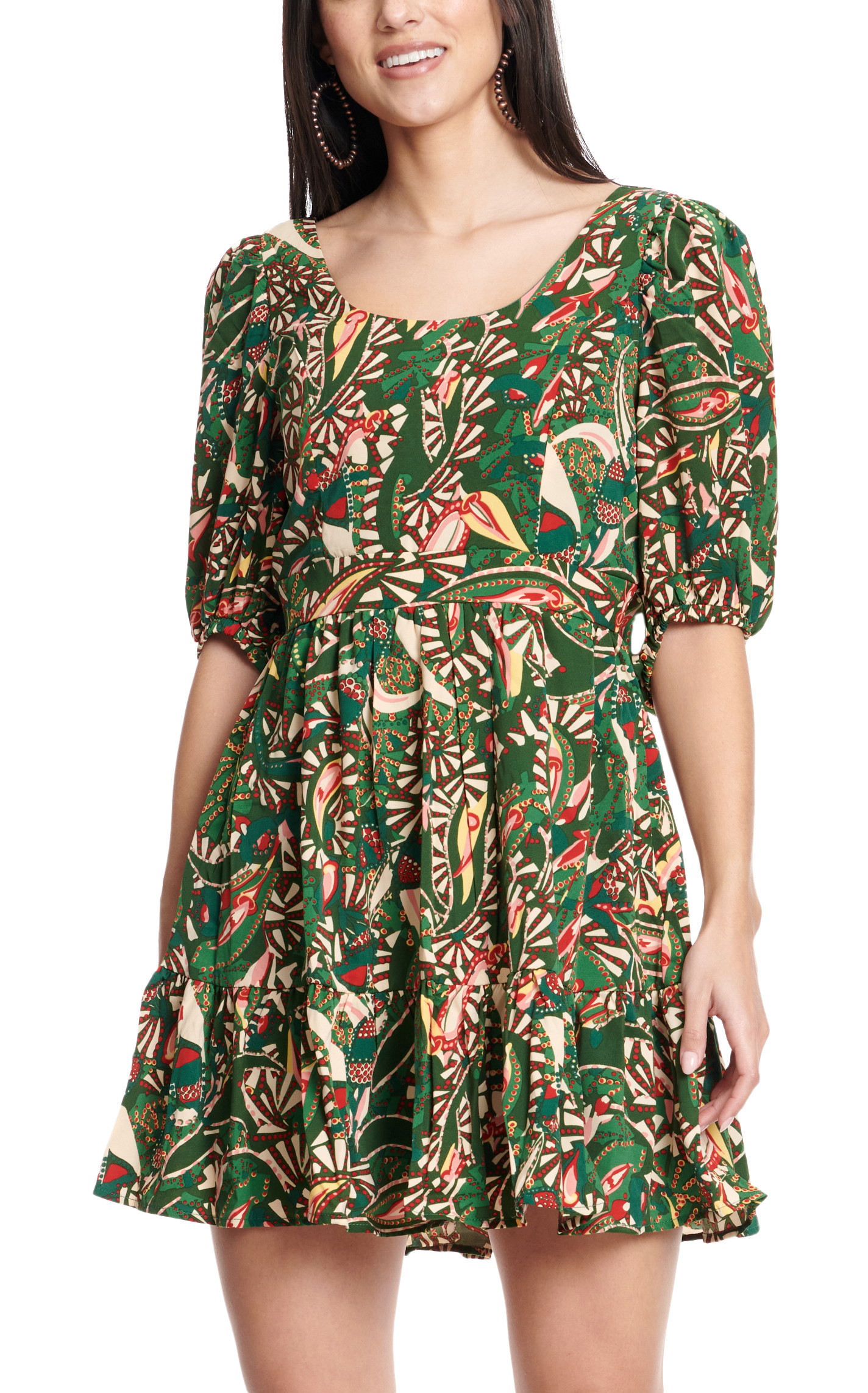 TCEC Women's Green Red & Cream Floral & Dots Print 1/2 Sleeve Dress  - Image 1