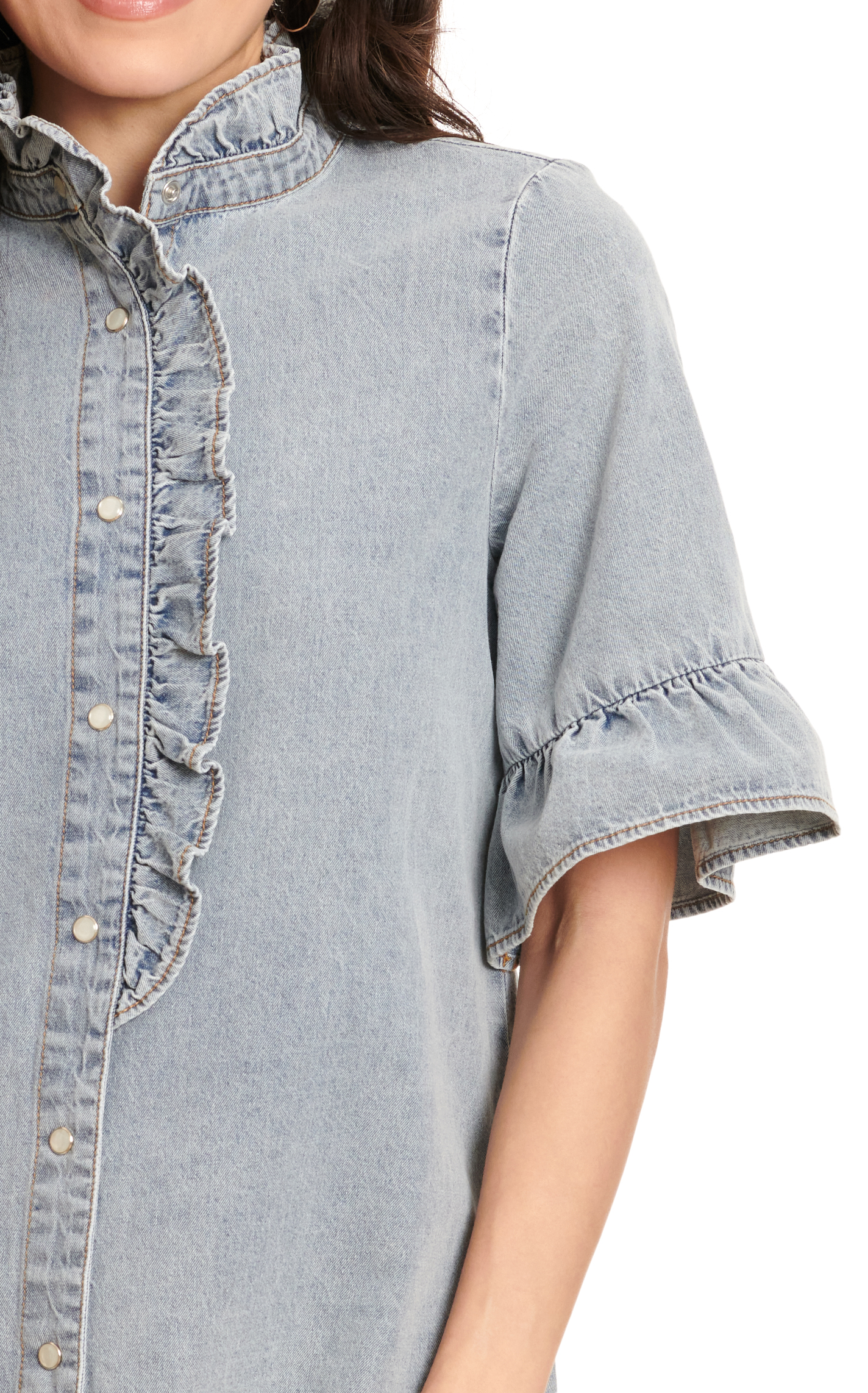 MAZIK Women's Light Wash Denim Short Sleeve Ruffle Placket Top - Image 1