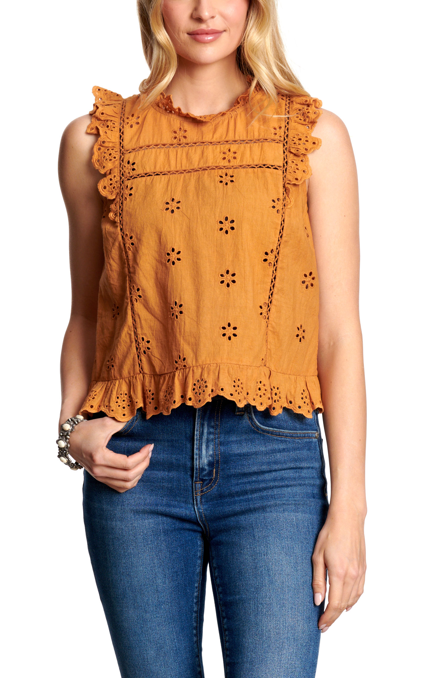 Rockin' C Women's Caramel Eyelet Ruffle Top - Image 1