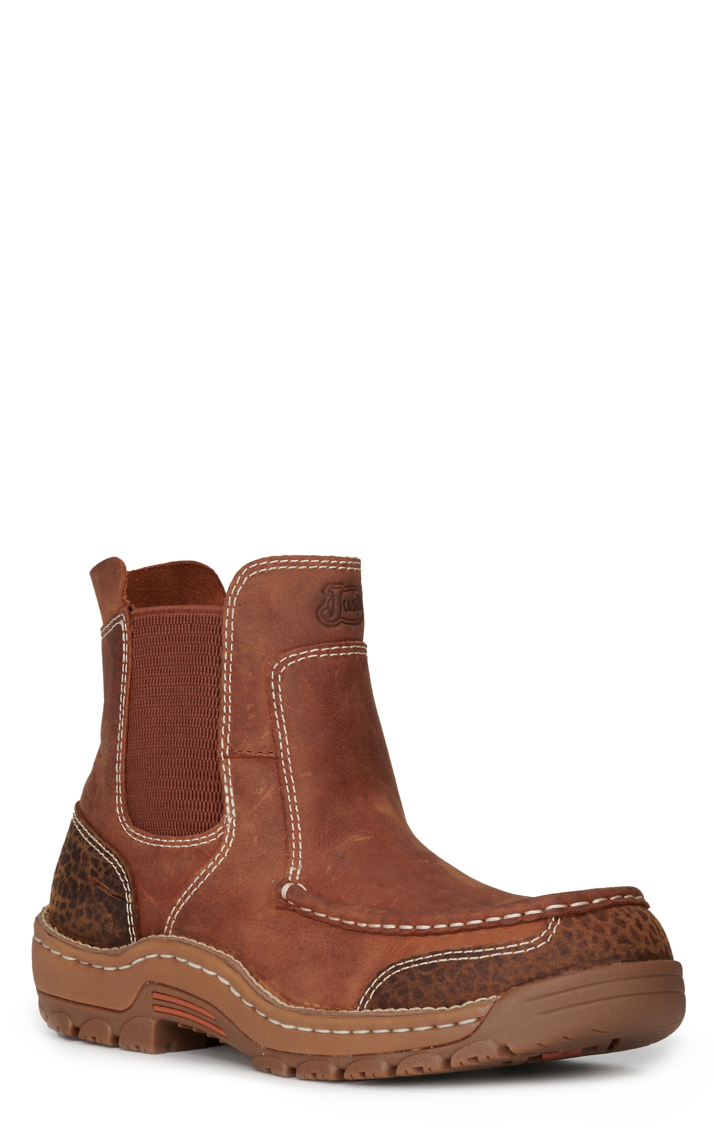 Justin Men's Stampede Light Duty Channing Brown Round Moc Toe Chelsea Work Boots - Image 1