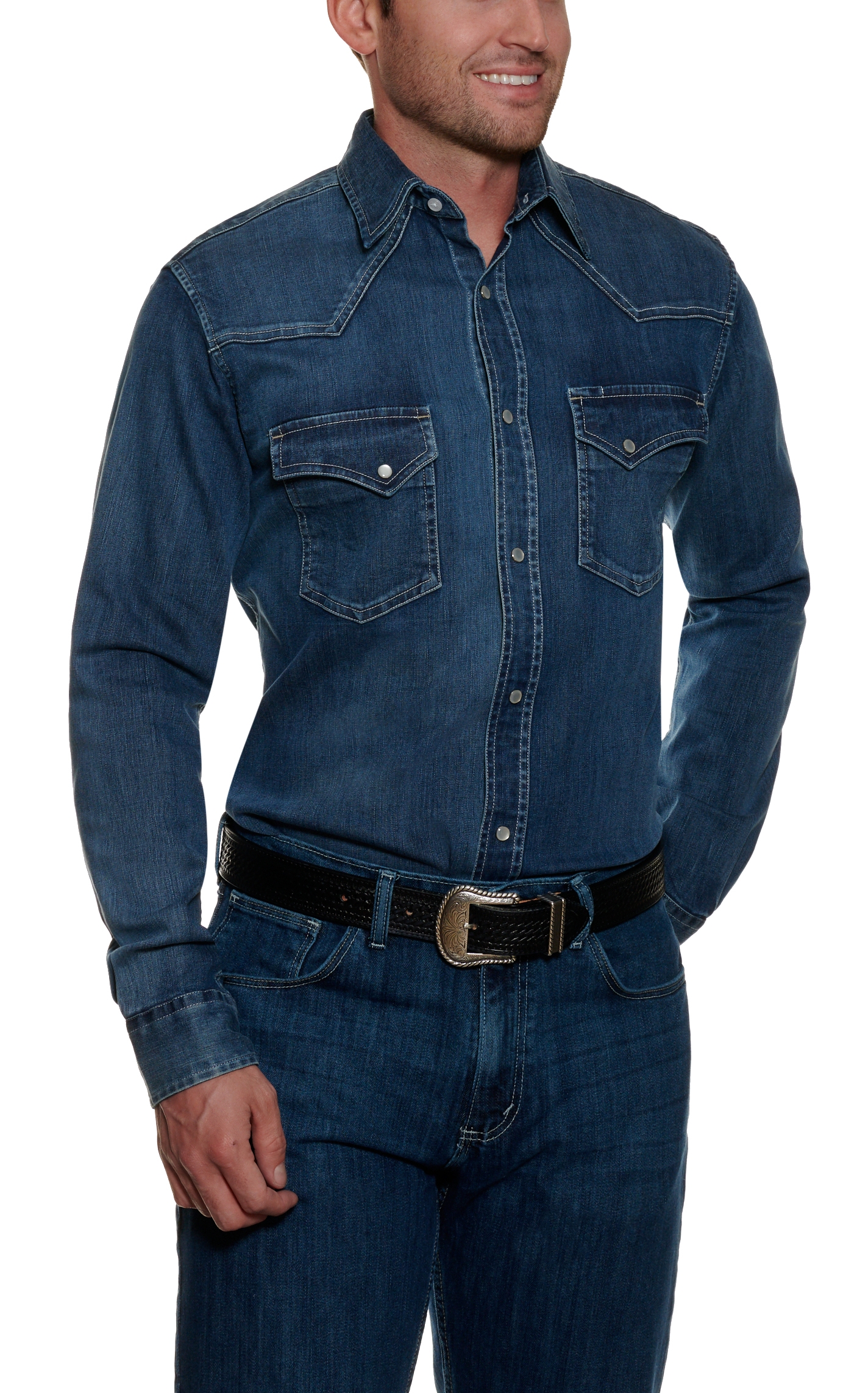 Cowboy Workwear WorkFlex Men's Blue Denim Long Sleeve Work Shirt - Image 1