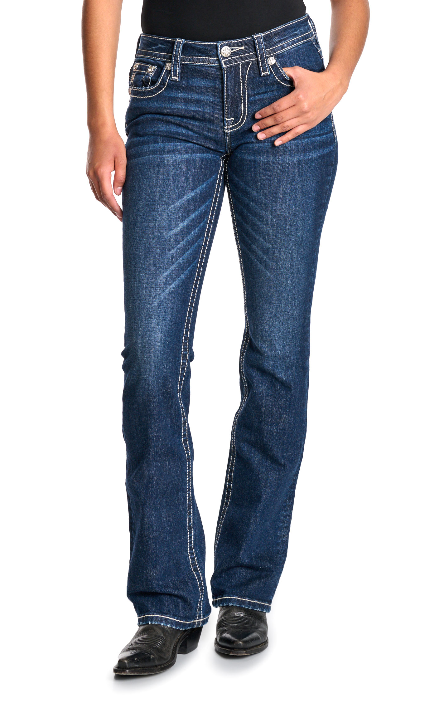 Miss Me Women's Dark Wash Aztec Embroidery Faux Flap Bootcut Jeans - 34\
